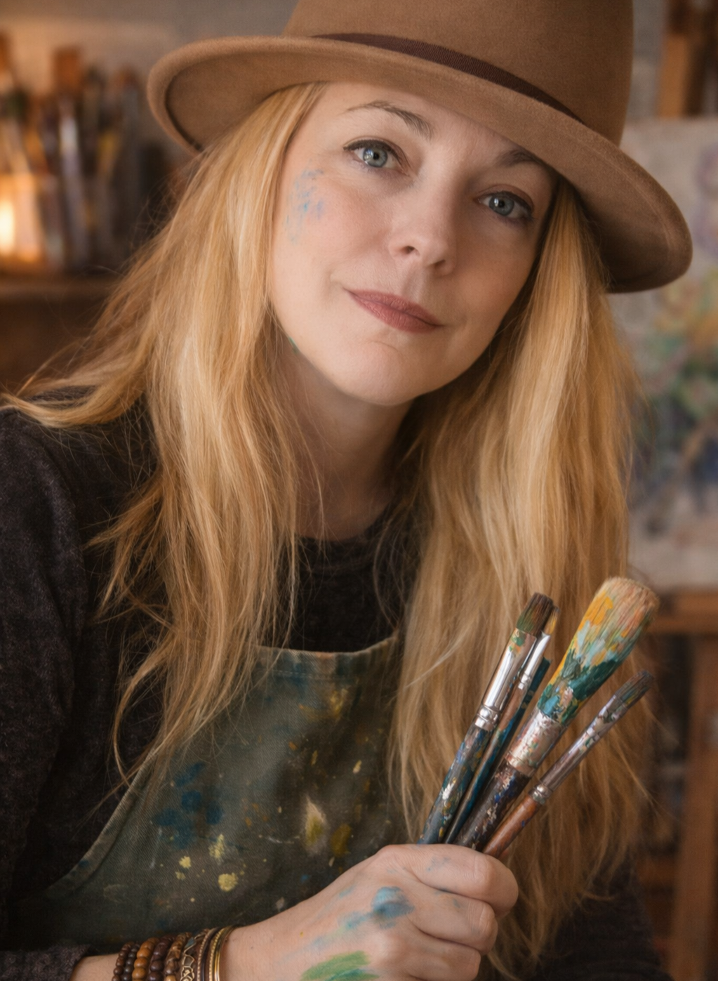 A woman with long red hair and blue eyes wearing a brown hat and a paint-splattered apron holding paintbrushes in her hand.