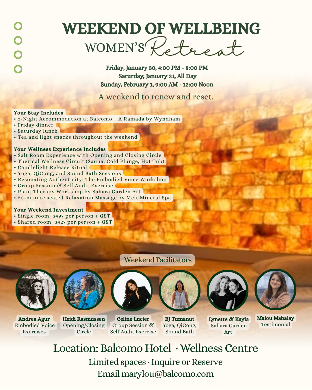 Flyer for a women's wellness retreat titled 'Weekend of Wellbeing' at Balcomo Hotel. Dates are January 30 to February 1. Includes accommodation, meals, wellness activities like salt room, sauna, yoga, and massage, with facilitator photos and contact email.