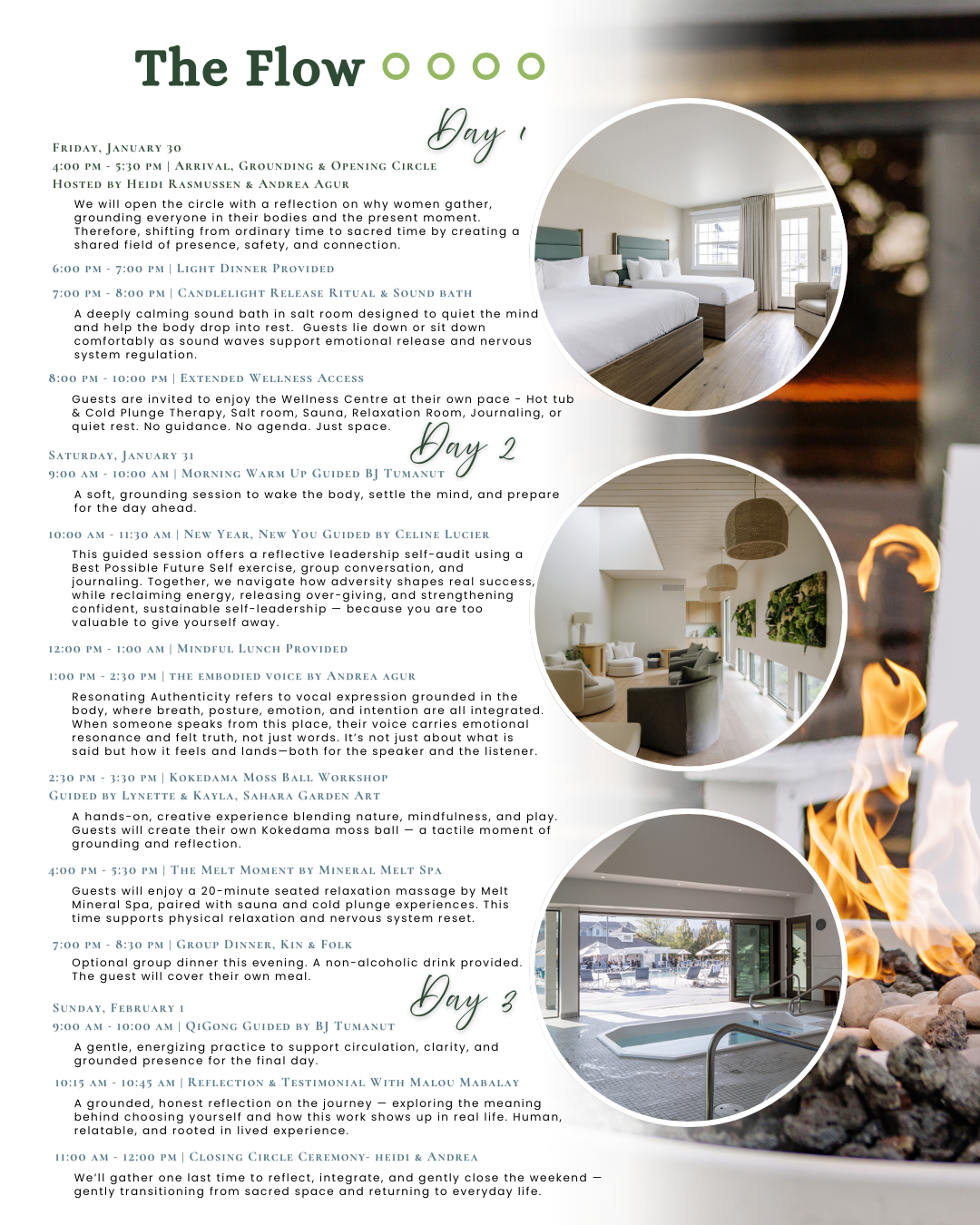 Schedule of a wellness retreat including activities over three days, featuring images of a hotel room, a cozy lounge, and a spa with a hot tub.