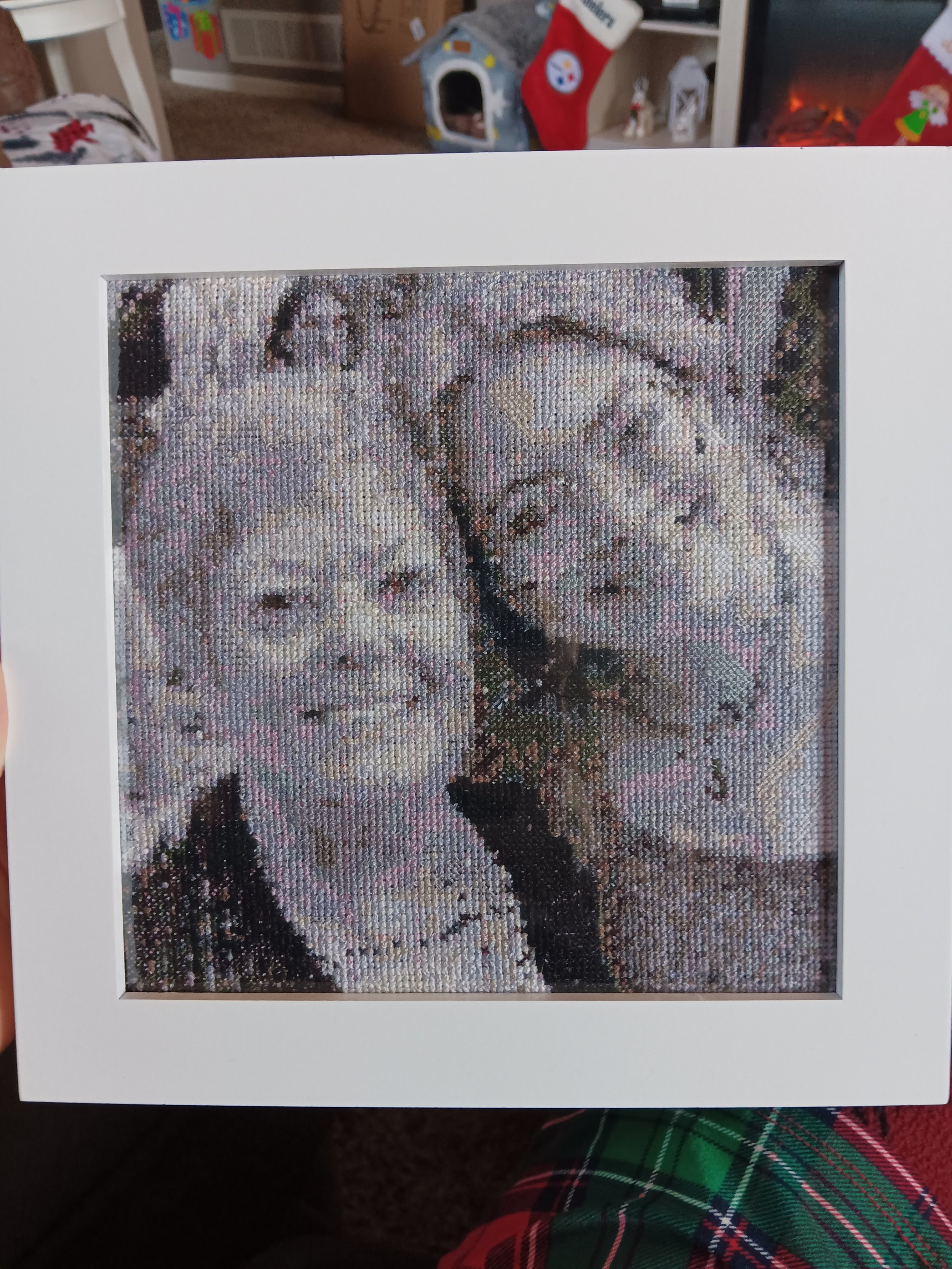 Cross stitch portrait of me and my grandma 2025