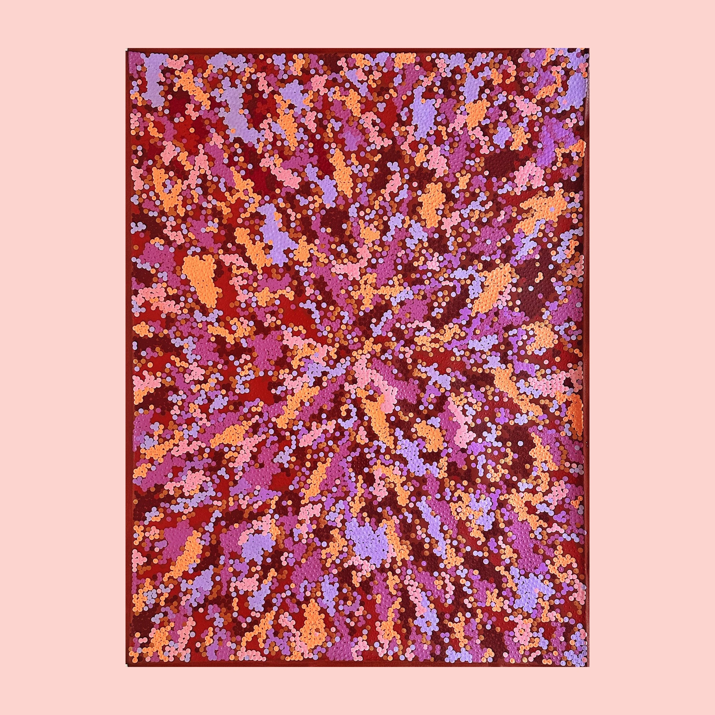 An abstract painting with an explosion of small, colorful dots in purple, pink, orange, and red, creating a dynamic pattern.