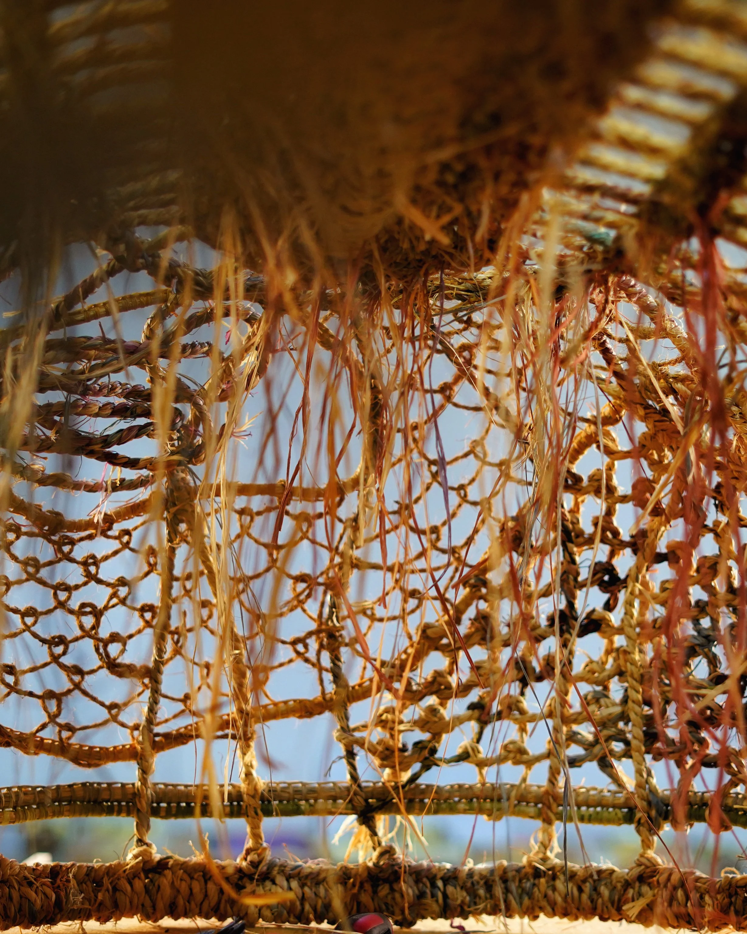 Close-up of a woven basket made of natural fibers, with visible detailed weaving and interlacing patterns, viewed from underneath, set against a blurred outdoor background.