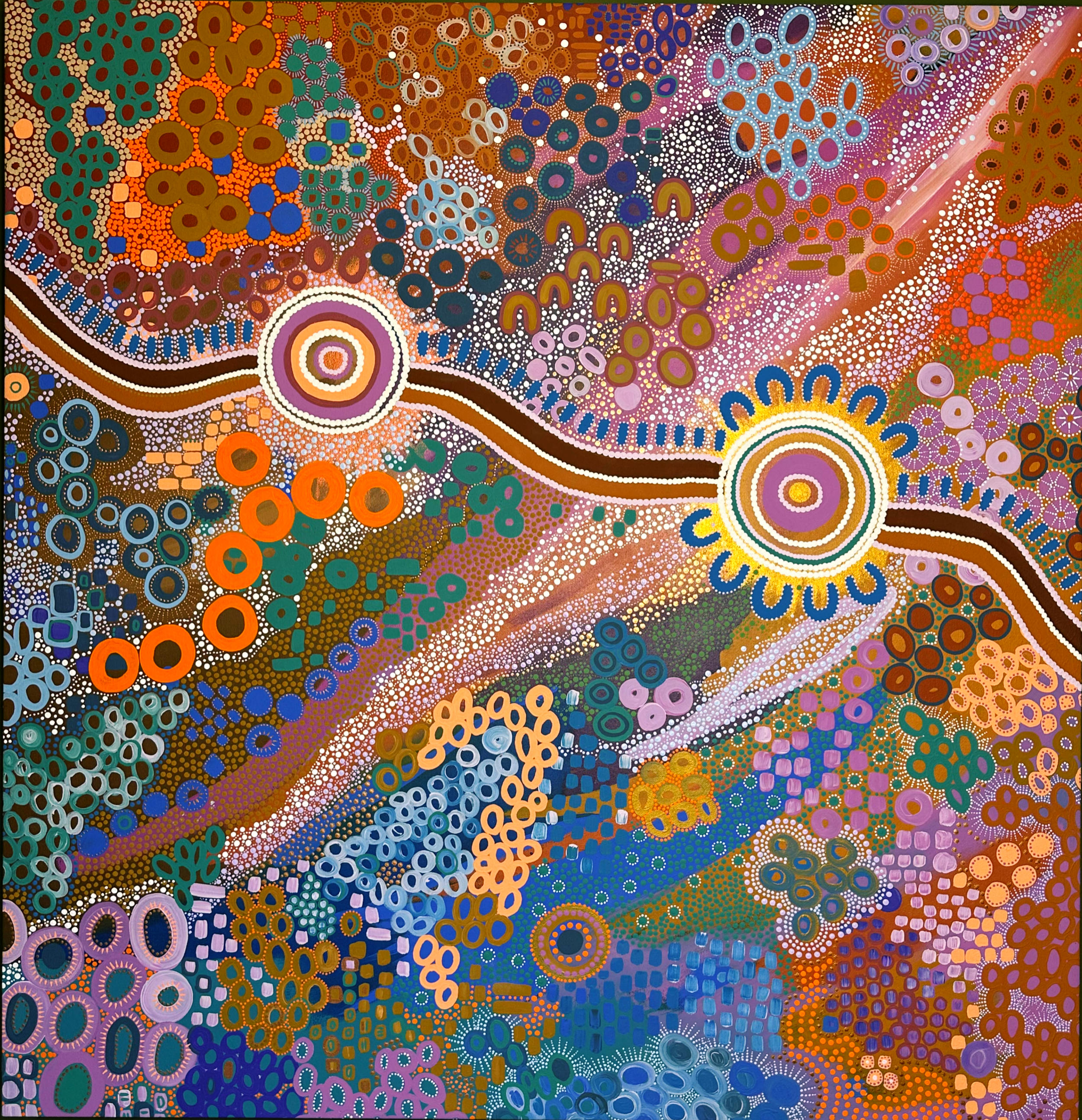 An abstract painting with vibrant colors and intricate circular patterns, resembling a stylized landscape with pathways and celestial elements.