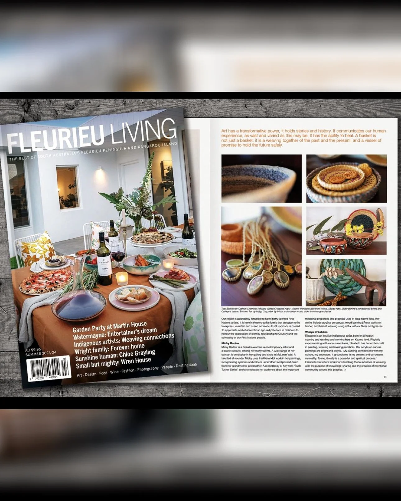 Cover of Fleurieu Living magazine featuring a table set for a garden party with wine, pizza, salads, and candles, with a background of a modern outdoor space, and an inside page with images of pottery and traditional crafts.