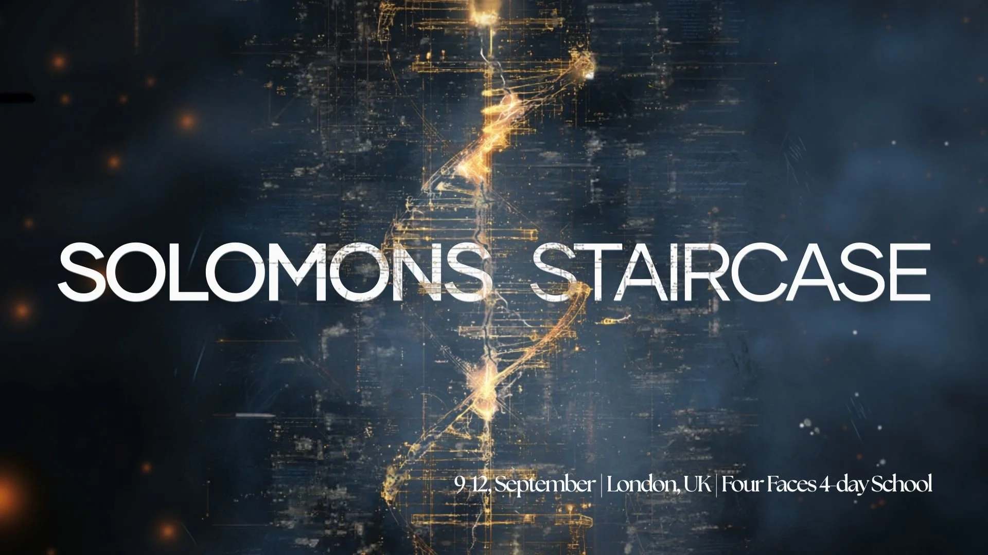 Event poster for Solomons Starcase, a four-day school from September 9-12 in London, UK, with a glowing, abstract, digital background and the event details in white text.