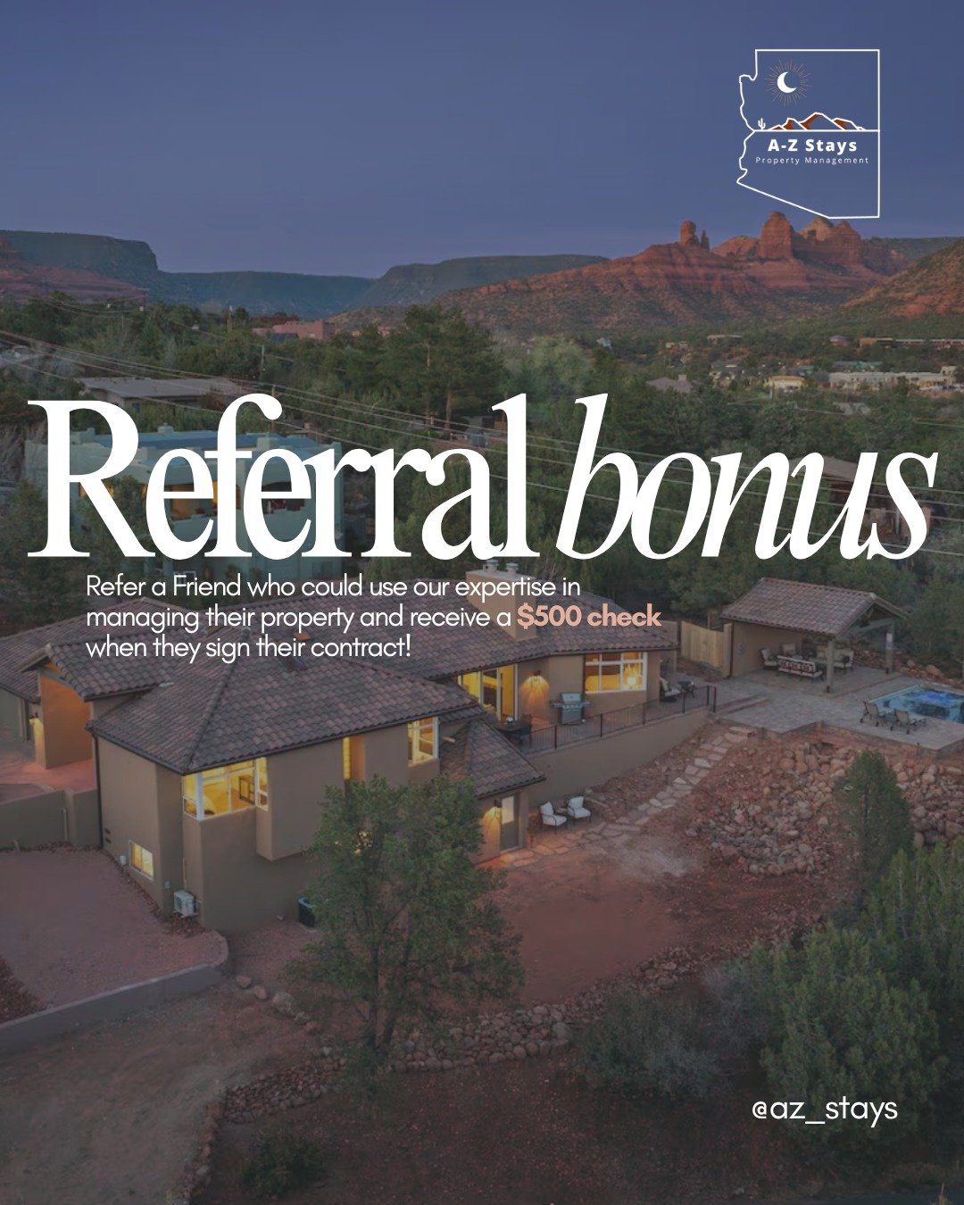 👀 Got a friend with a Sedona or Verde Valley vacation home?
💬 Tell them about A-Z Stays!

When they sign on for property management &mdash; you get $500 just for the referral! 💰

Helping your friends stress less and earn more has never paid off so