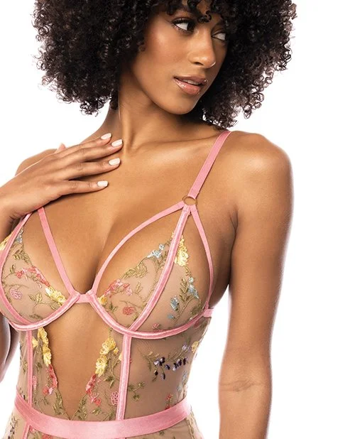 Floral Embroidered Teddy w/Underwire Cup & Garters - Pink