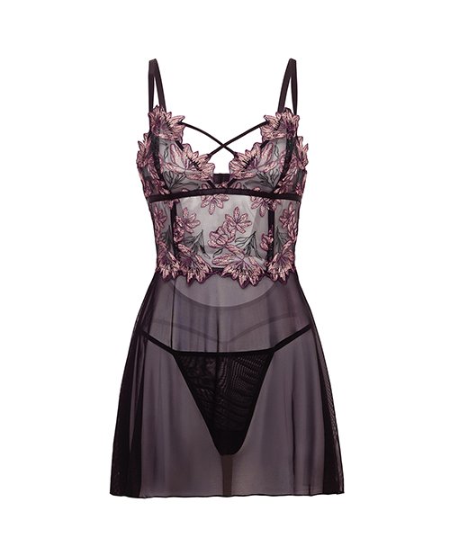 Adela Embroidered Boned Lace and Mesh Babydoll w/G-String 2 pc Set - Black/Pink