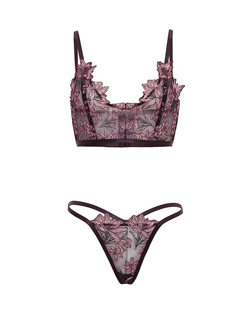 Adela Embroidered Boned Bustier w/G-String 2 pc Set - Black/Pink