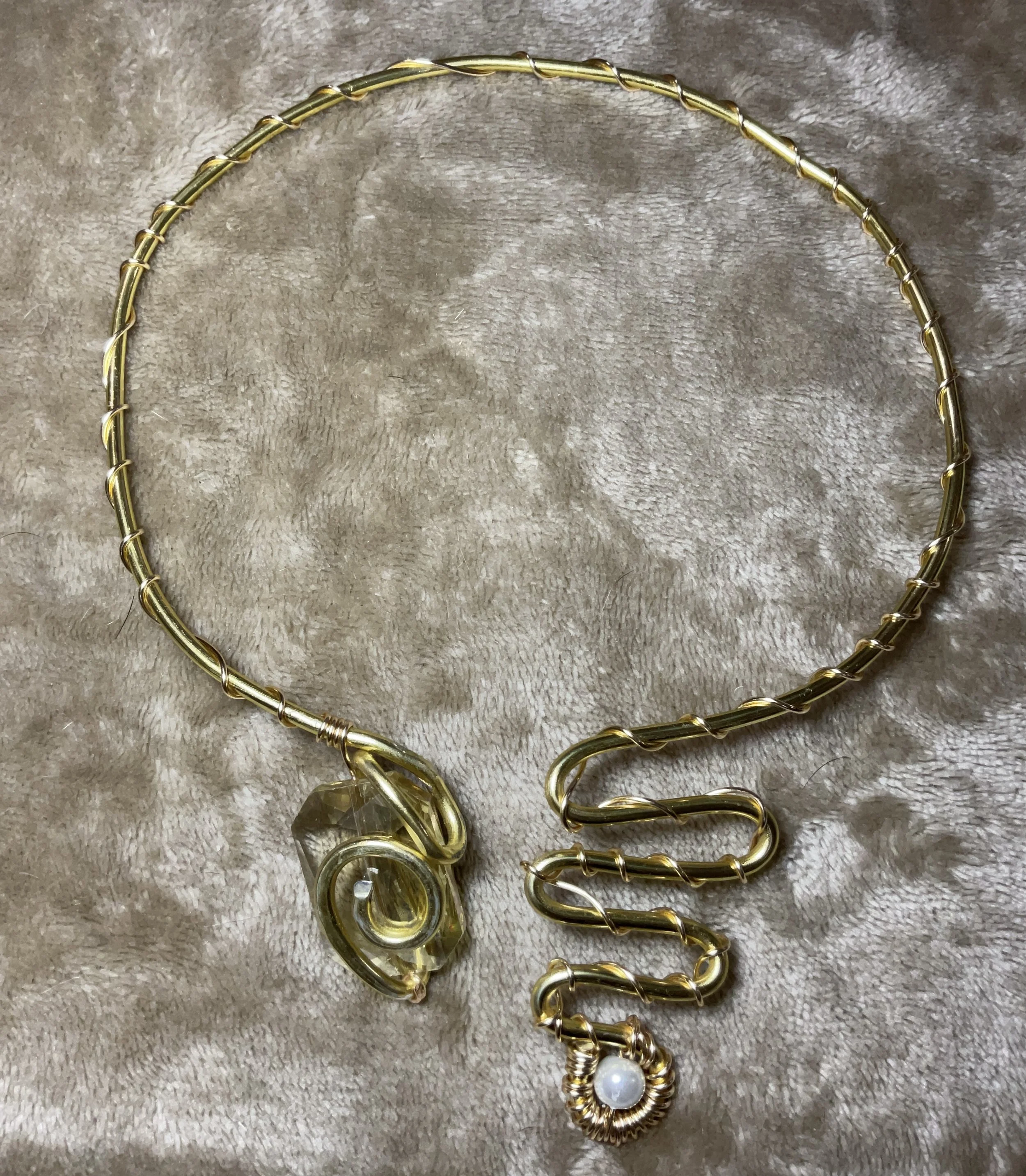 Handcrafted Cooper & Aluminum Spiral Crystal & Pearl Necklace