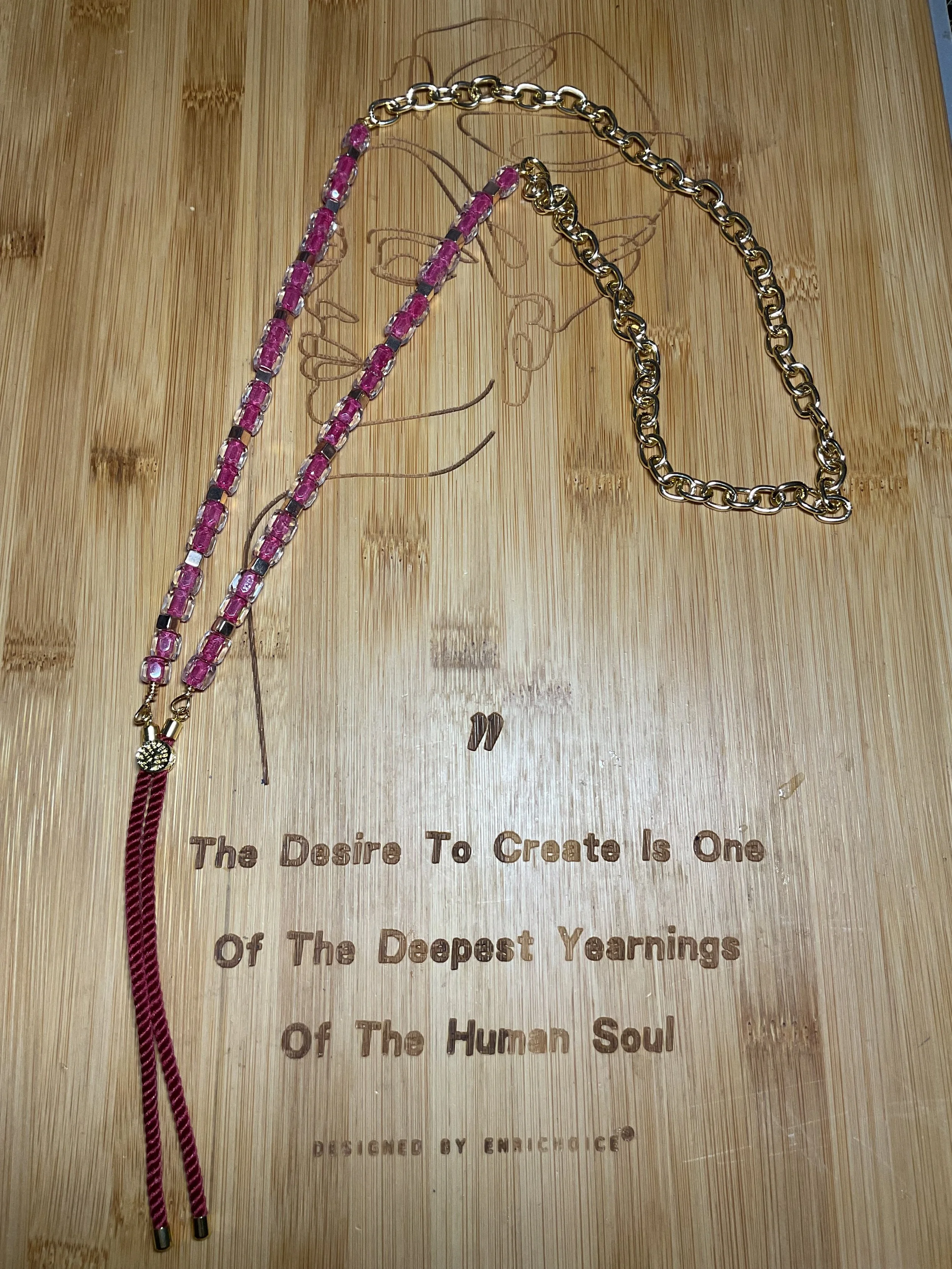 Chic Pink Crystal Necklace with Golden toned Chain