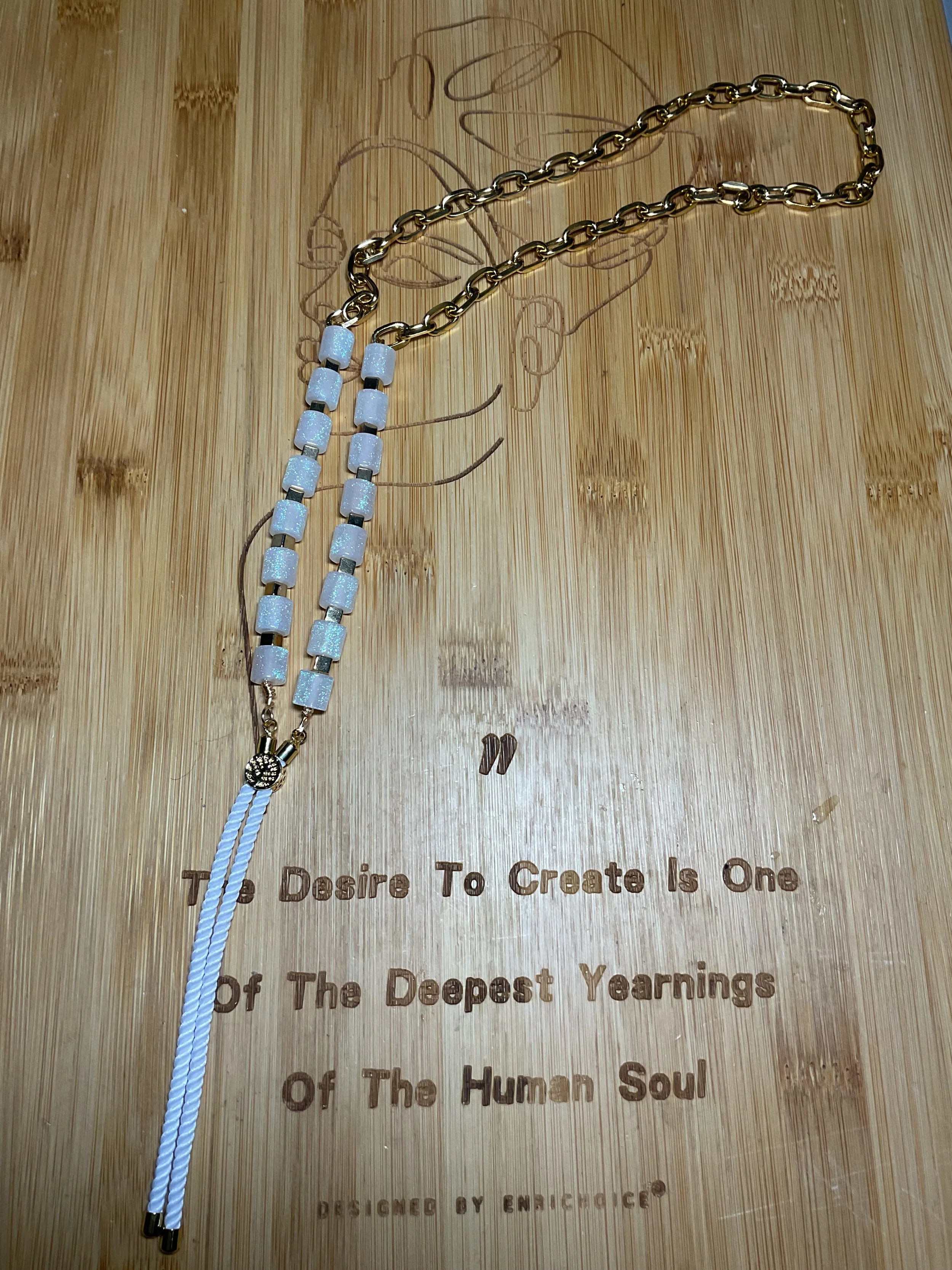 Sophisticated White Beaded Gold Tone Chain Necklace