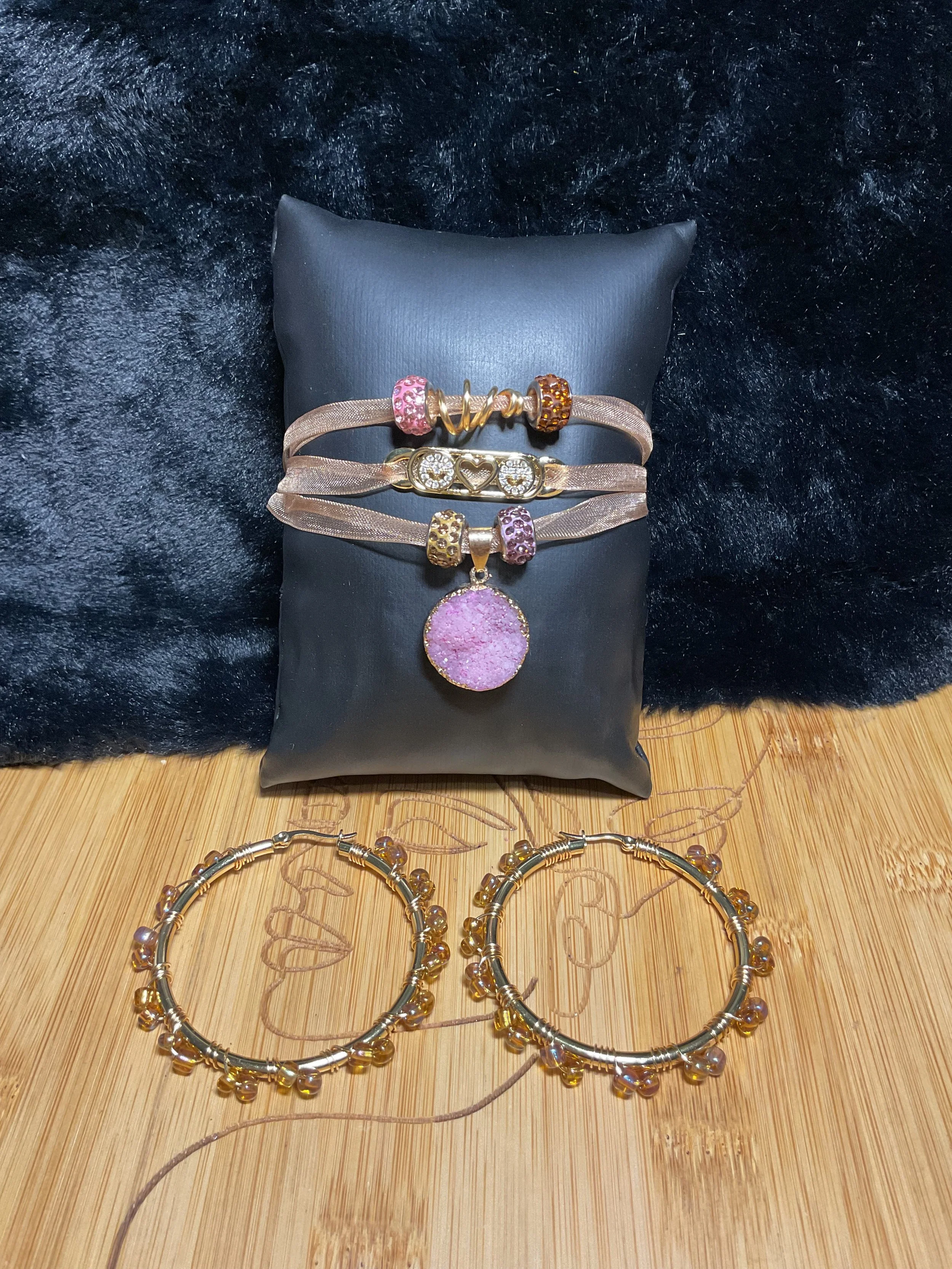Hypoallergenic Elegance: Earrings & Sheer Ribbon Bracelet Set
