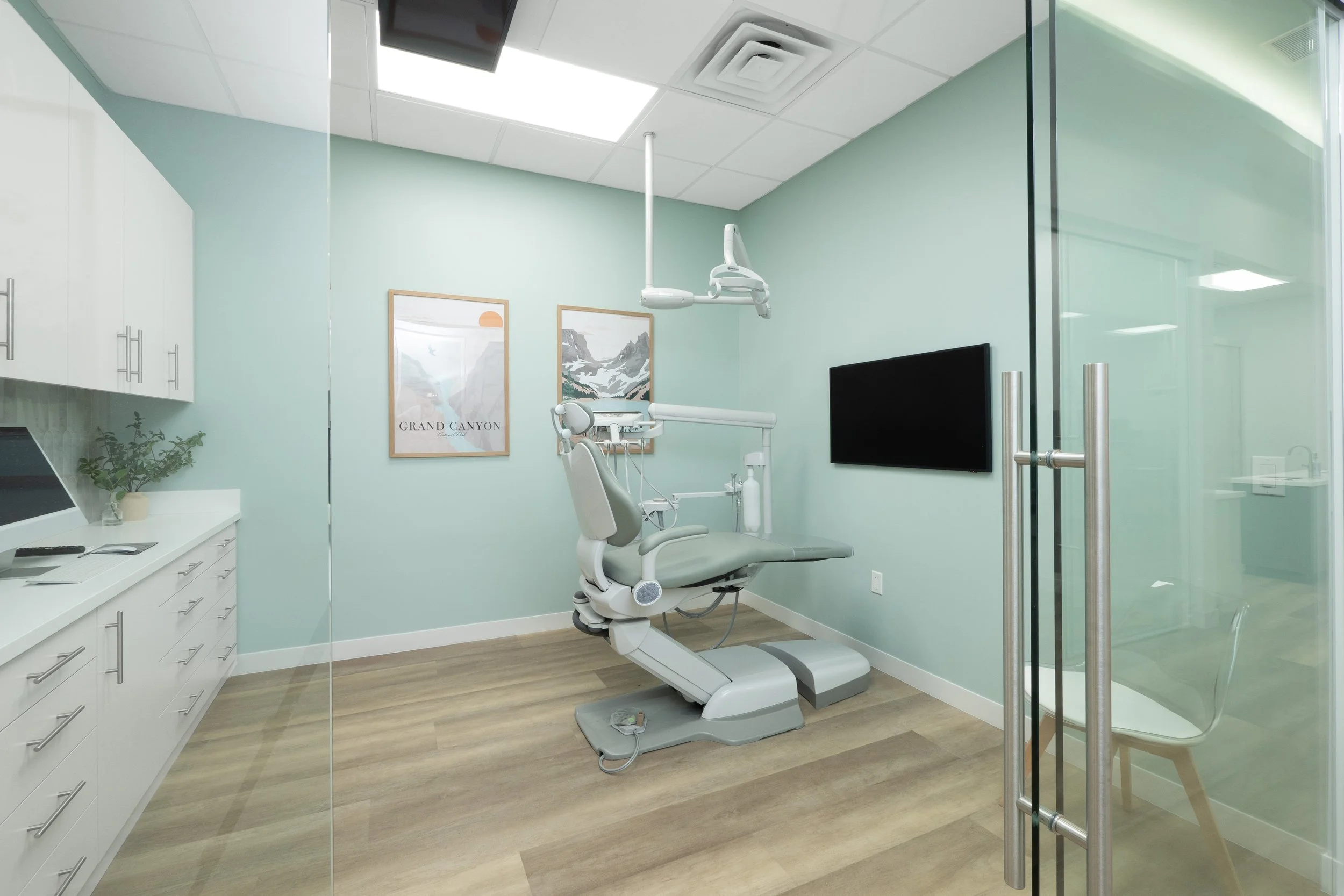 A modern dental examination room with mint green walls, a dental chair, a mounted flat-screen TV, and framed mountain posters.