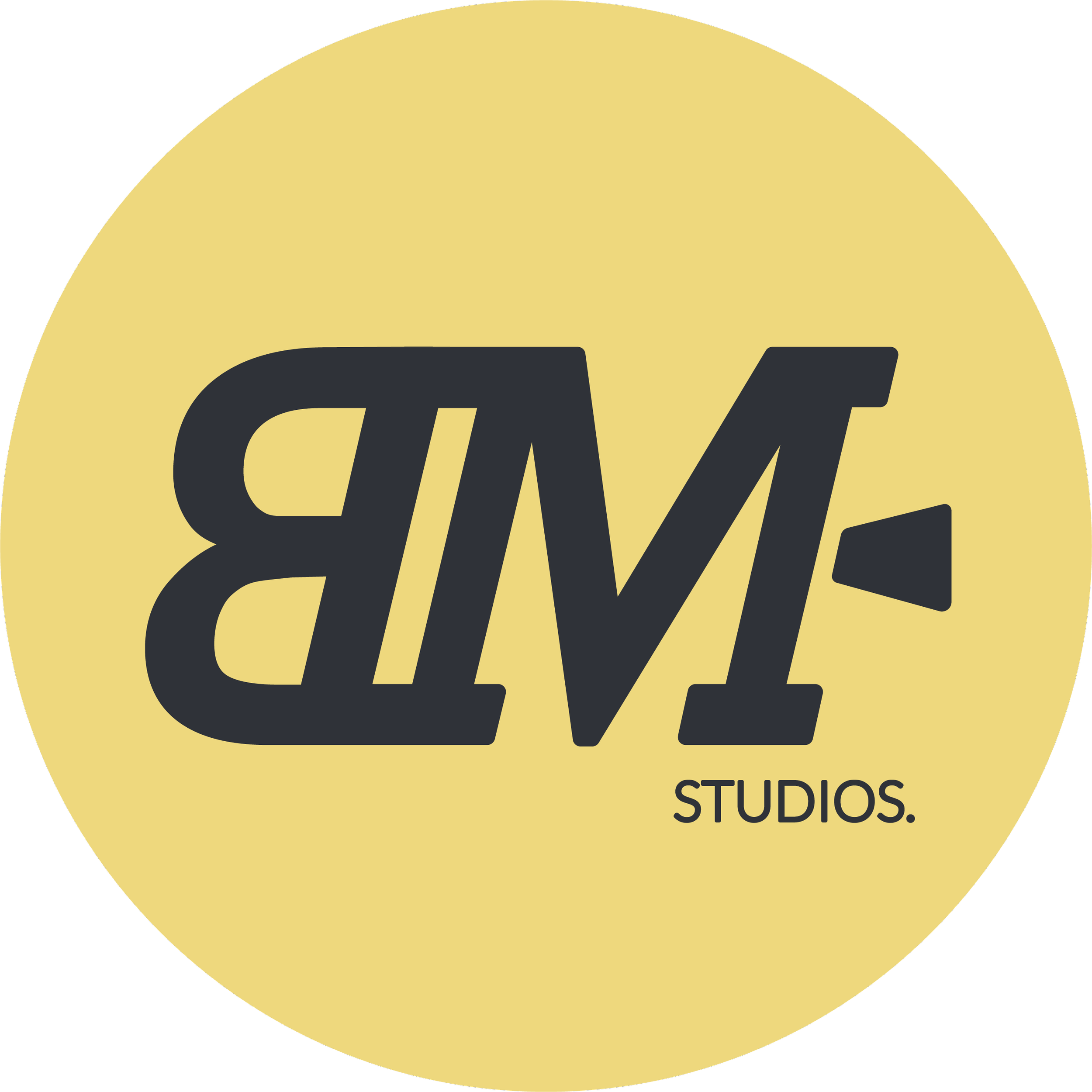 Logo with stylized letters 'BM' in black on a yellow circular background with the word 'STUDIOS.' underneath.