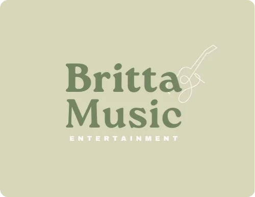 Britta Music Entertainment logo with a stylized guitar illustration on a light beige background.