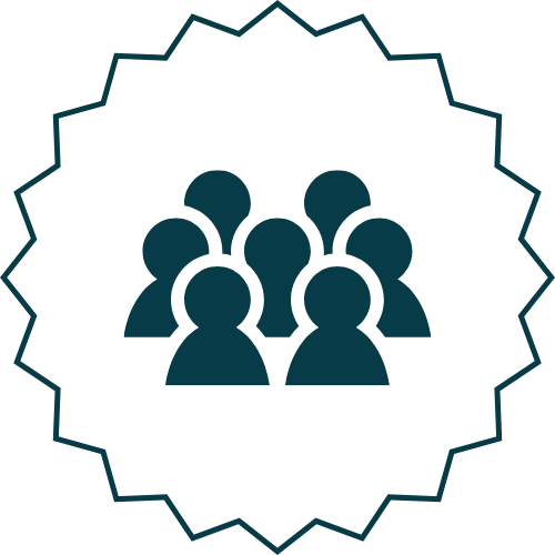 Icon of a group of six people inside a starburst-shaped badge.