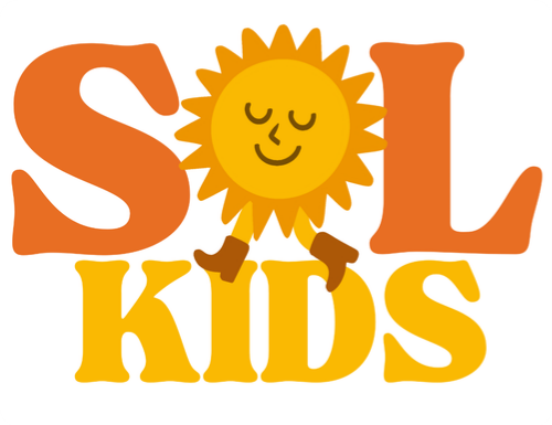 Illustration of the words 'SOL KIDS' with a smiling sun in the middle, featuring closed eyes and smiling face, with the sun's rays resembling hair, and small brown shoes on the sun's face.