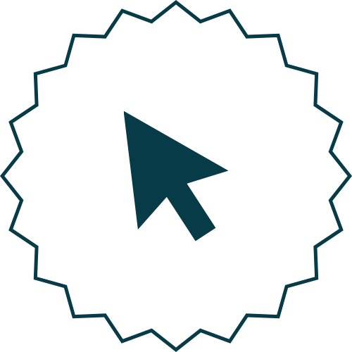 A computer mouse cursor icon in the center of a starburst-shaped badge with a dark teal outline.
