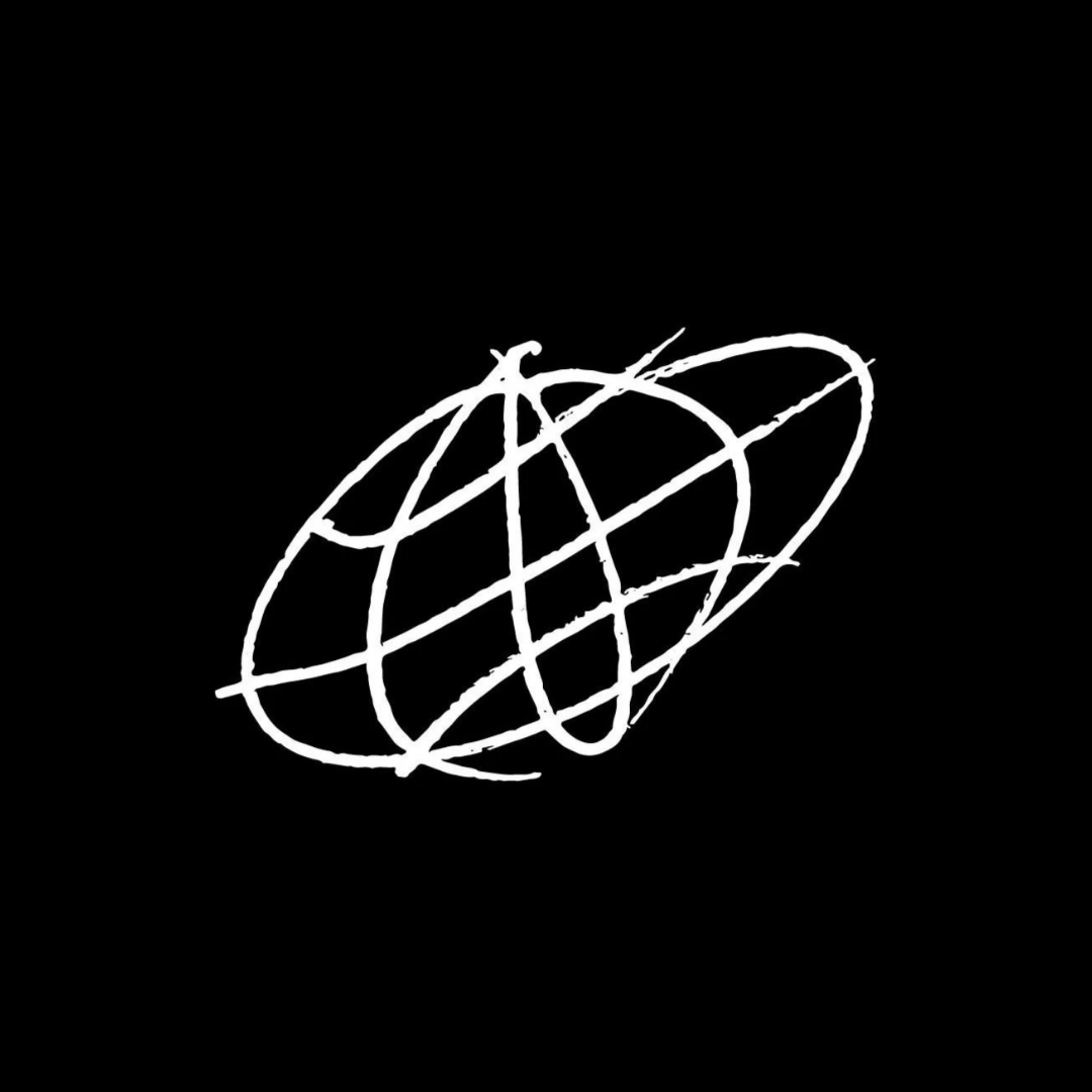 White abstract doodle of a globe on a black background.