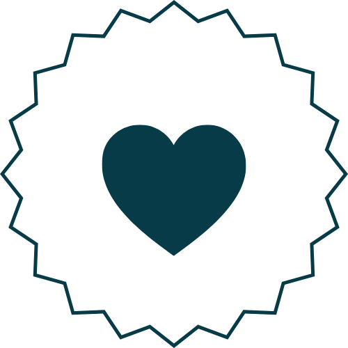 A white badge with a decorative blue outline and a dark blue heart in the center.