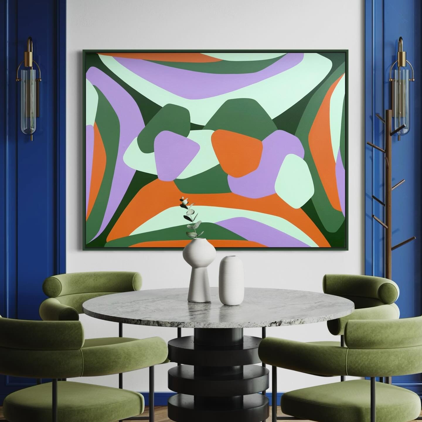 Love this bold palette my collector chose for their space. And we all know I can never resist a painted frame that ties the whole piece together. 👌🏼

36 x 48 inches
Acrylic on stretched canvas 
Framed
Commission

#artcommission #modernart #contempo