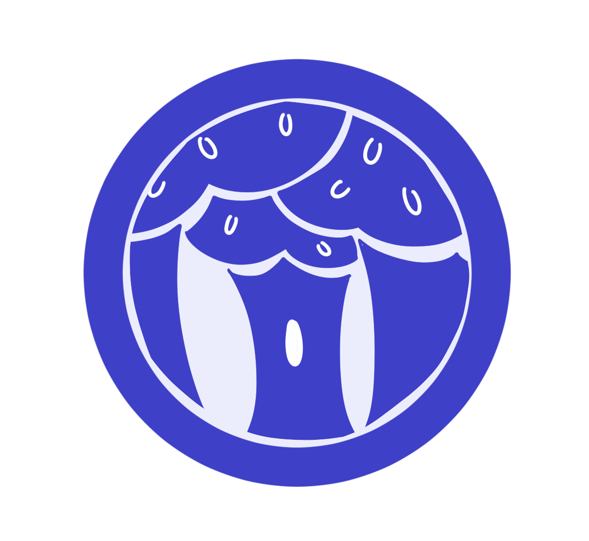 Blue circular logo with a grove of stylized trees, with the middle tree having a hollowed out hole.