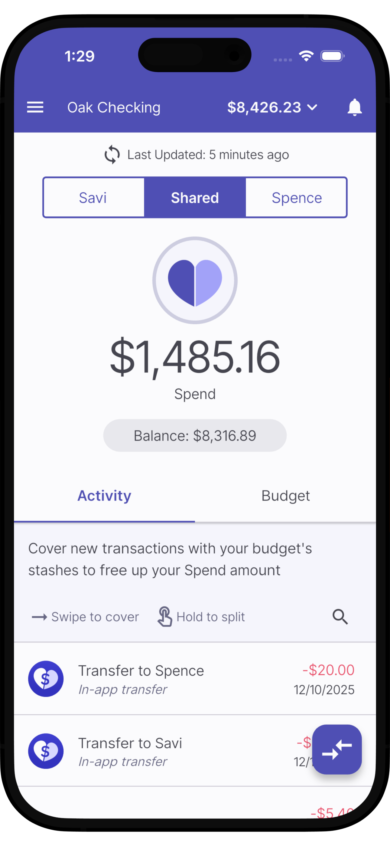Screenshot of a mobile banking app showing a balance of $8,426.23 in the 'Oak Checking' account. The app displays a total spend of $1,485.16 and a remaining balance of $8,316.89. Recent transactions include transferring $20.00 to Spence and transferring money to Savi.