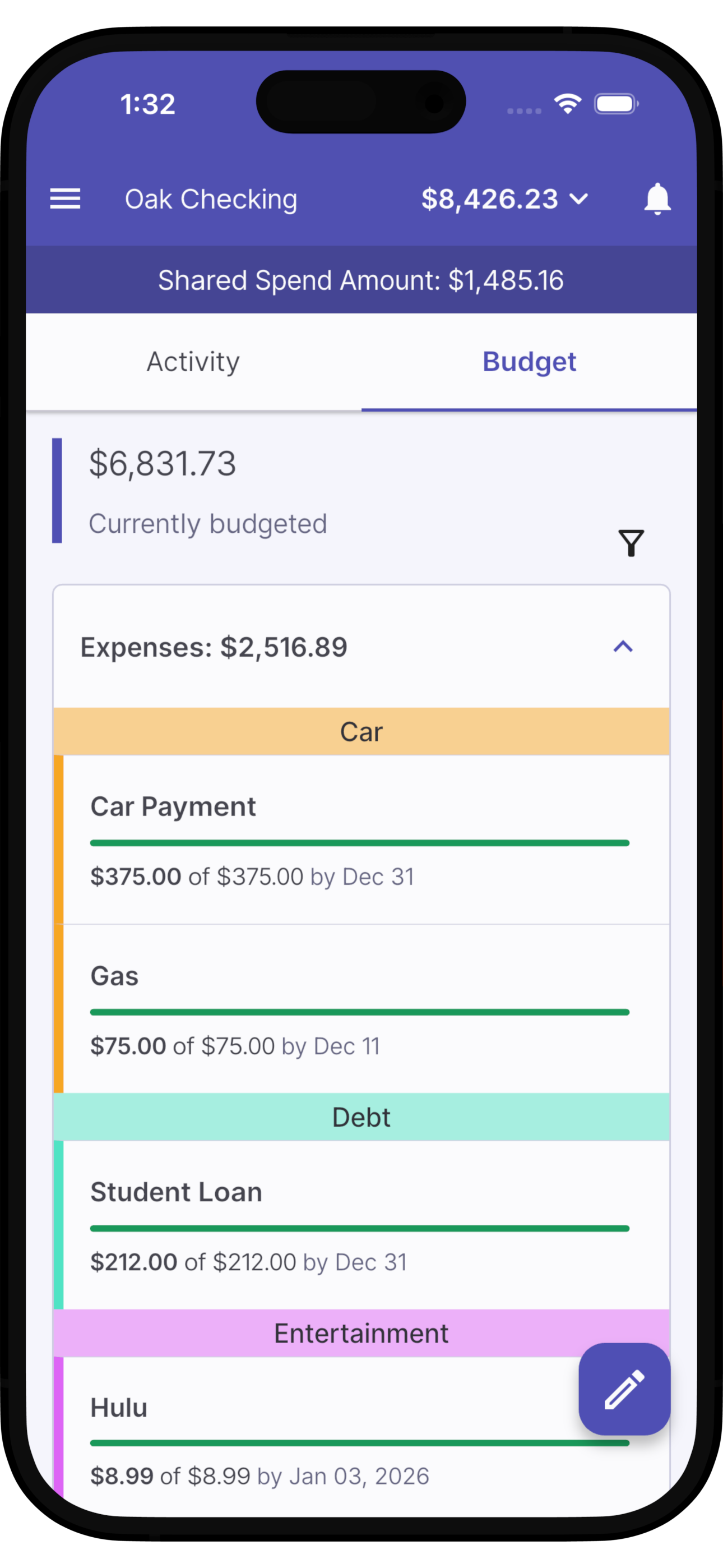 Mobile banking app screen showing account balance of $8,426.23 with shared spend of $1,485.16. Budget tab open, displaying current budget of $6,831.73. Expense categories include Car, Gas, Student Loan, and Entertainment, with respective payments and deadlines.
