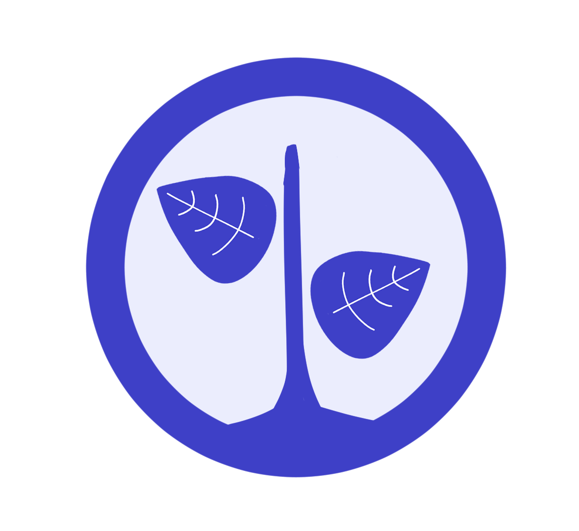 A circular icon with a blue border and a white background featuring a stylized tree sapling made of simple blue leaves with white veins on each side.