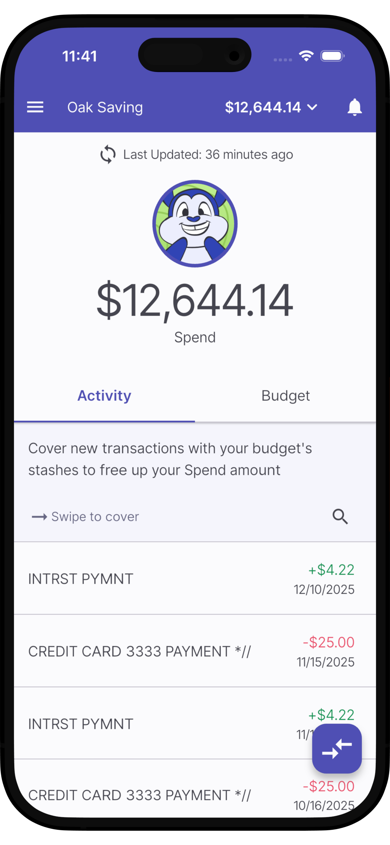 Mobile banking app screen displaying a balance of $12,644.14 in the 'Oak Saving' account, with recent transactions showing deposits and payments, and a cartoon character icon at the top.