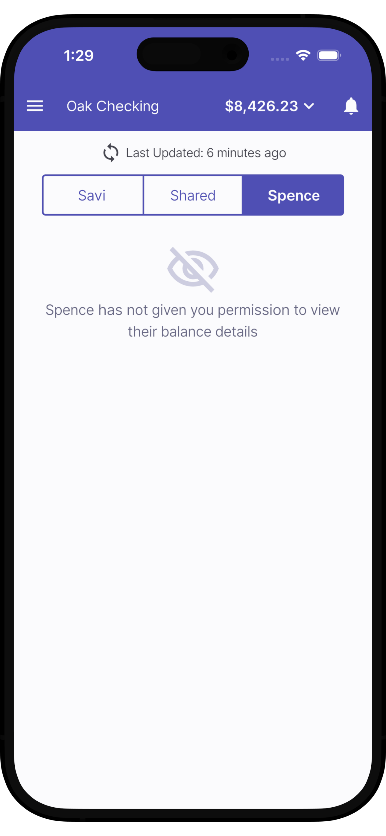 A screenshot of a banking app showing the account named 'Oak Checking' with a balance of $8,426.23. The app has tabs labeled 'Savi,' 'Shared,' and 'Spence,' with 'Spence' selected. A message indicates that Spence has not given permission to view their balance details. The time displayed on the device is 1:29, and the network status shows Wi-Fi and battery icons.