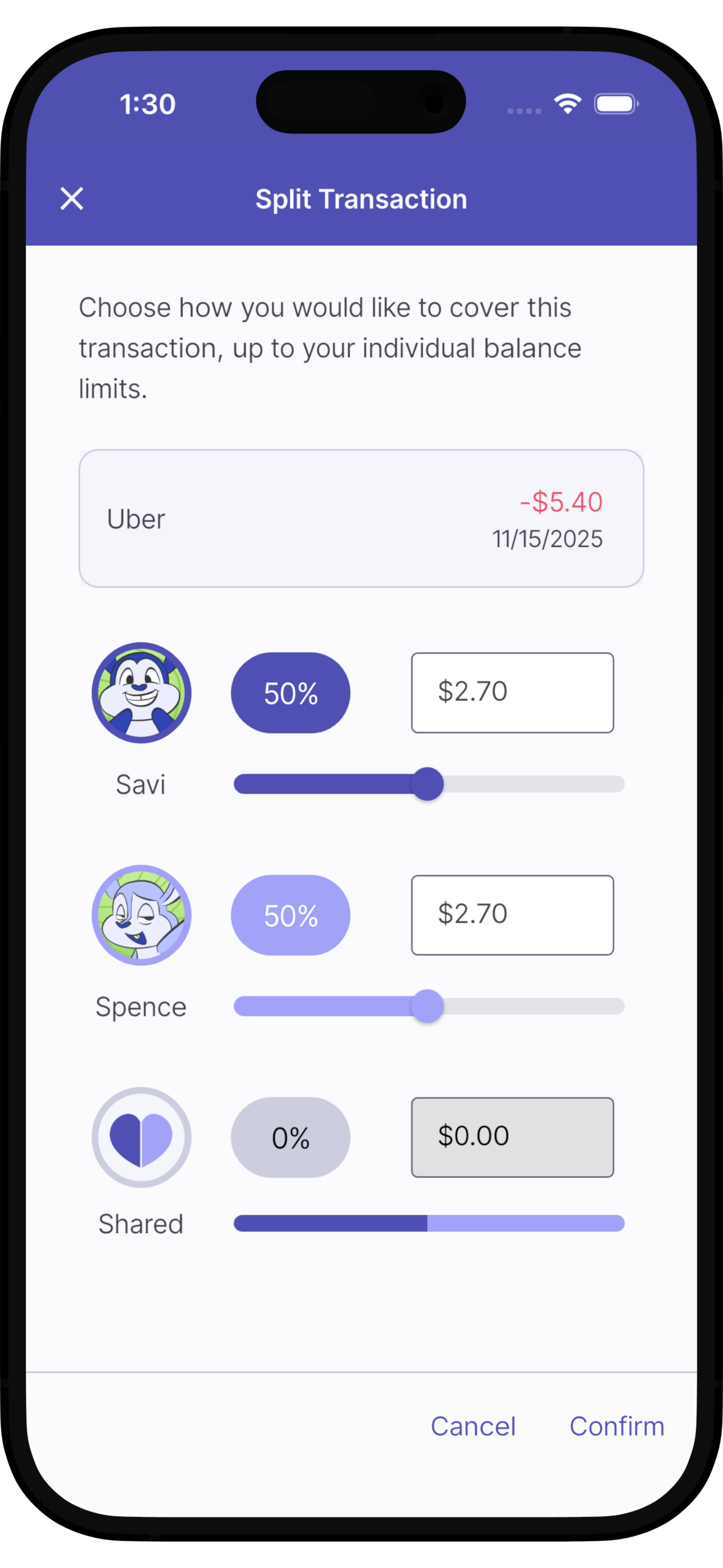 Screenshot of a mobile app interface for splitting a transaction, displaying options to split costs between two users with cartoon avatars, sliders for contribution percentages, and buttons for canceling or confirming the split.