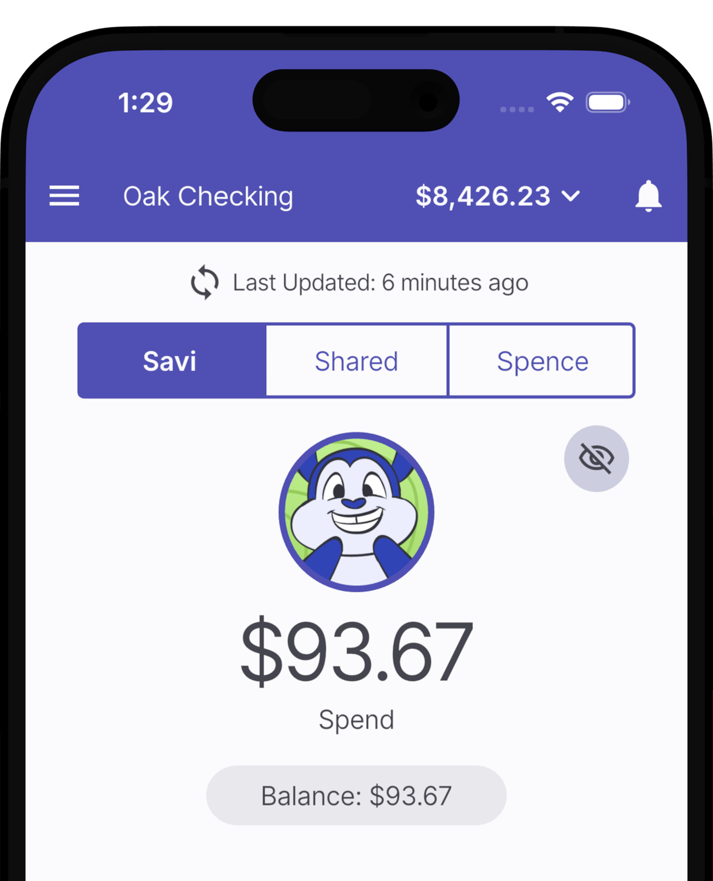 Mobile banking app showing the balance, recent activity, and spending details for a checking account with $8,426.23 balance, last updated 6 minutes ago, and a recent spend of $93.67.