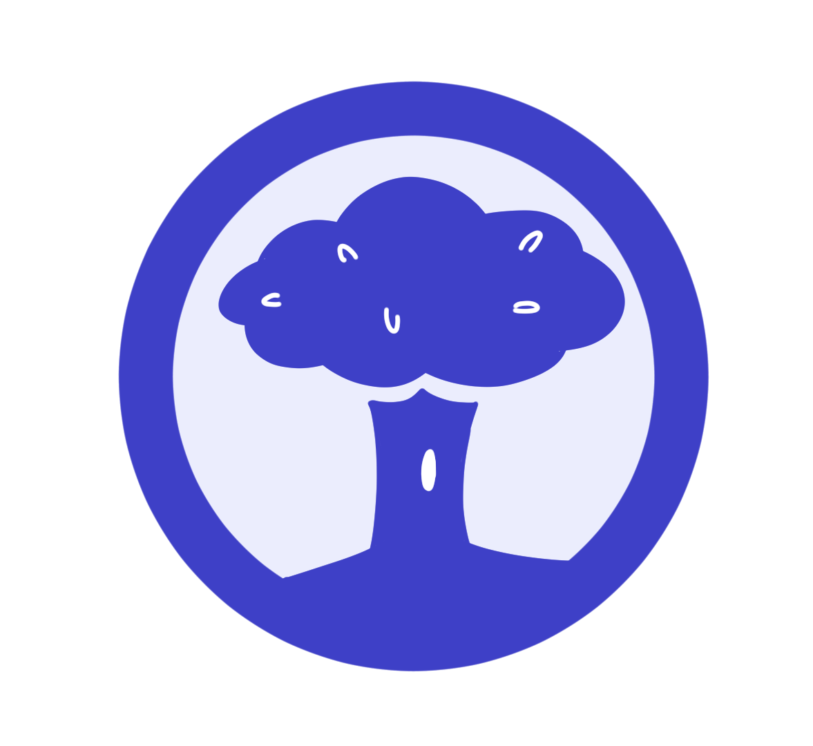 Blue circular icon with a stylized tree on a hill.