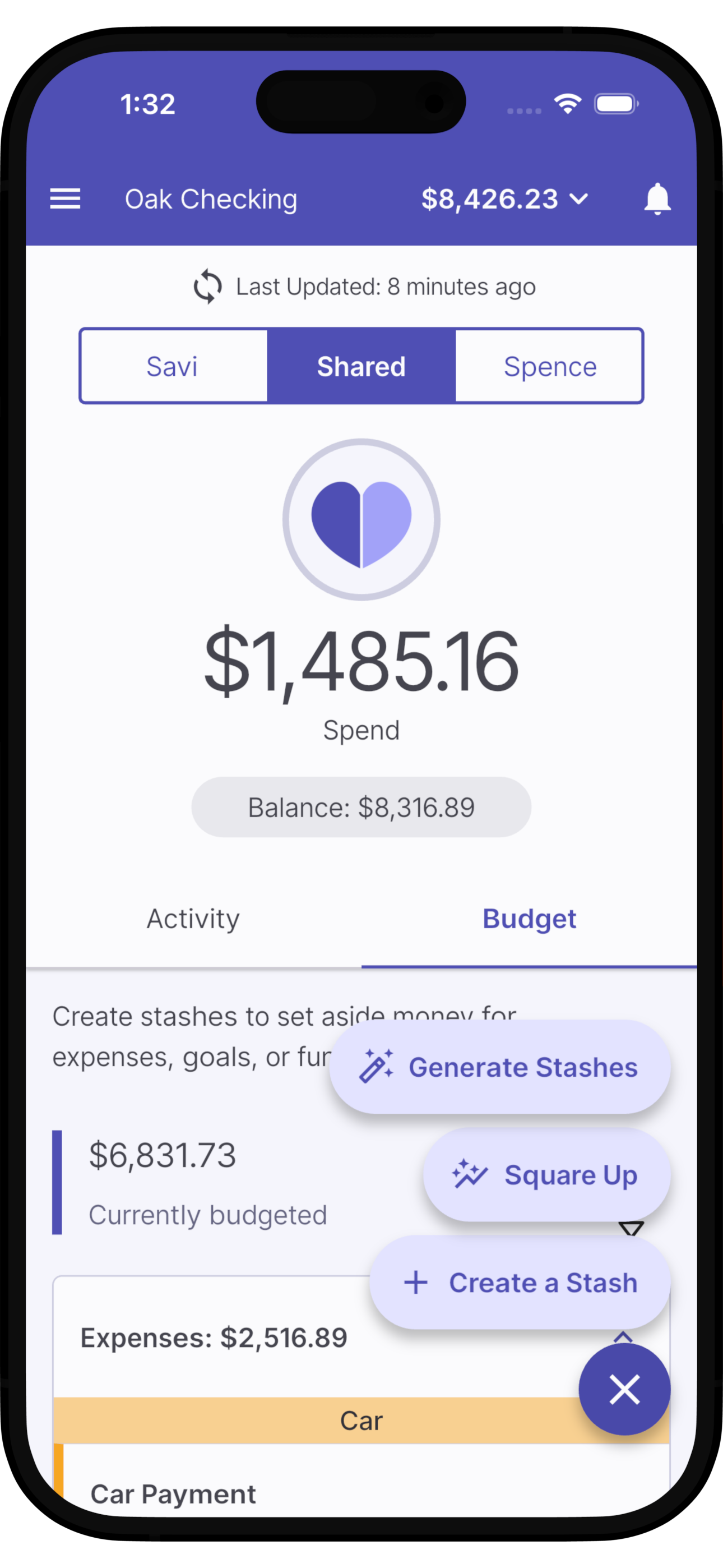 Screenshot of a mobile banking app showing the 'Oak Checking' account with a balance of $8,426.23, recent activity, and budgeting features.