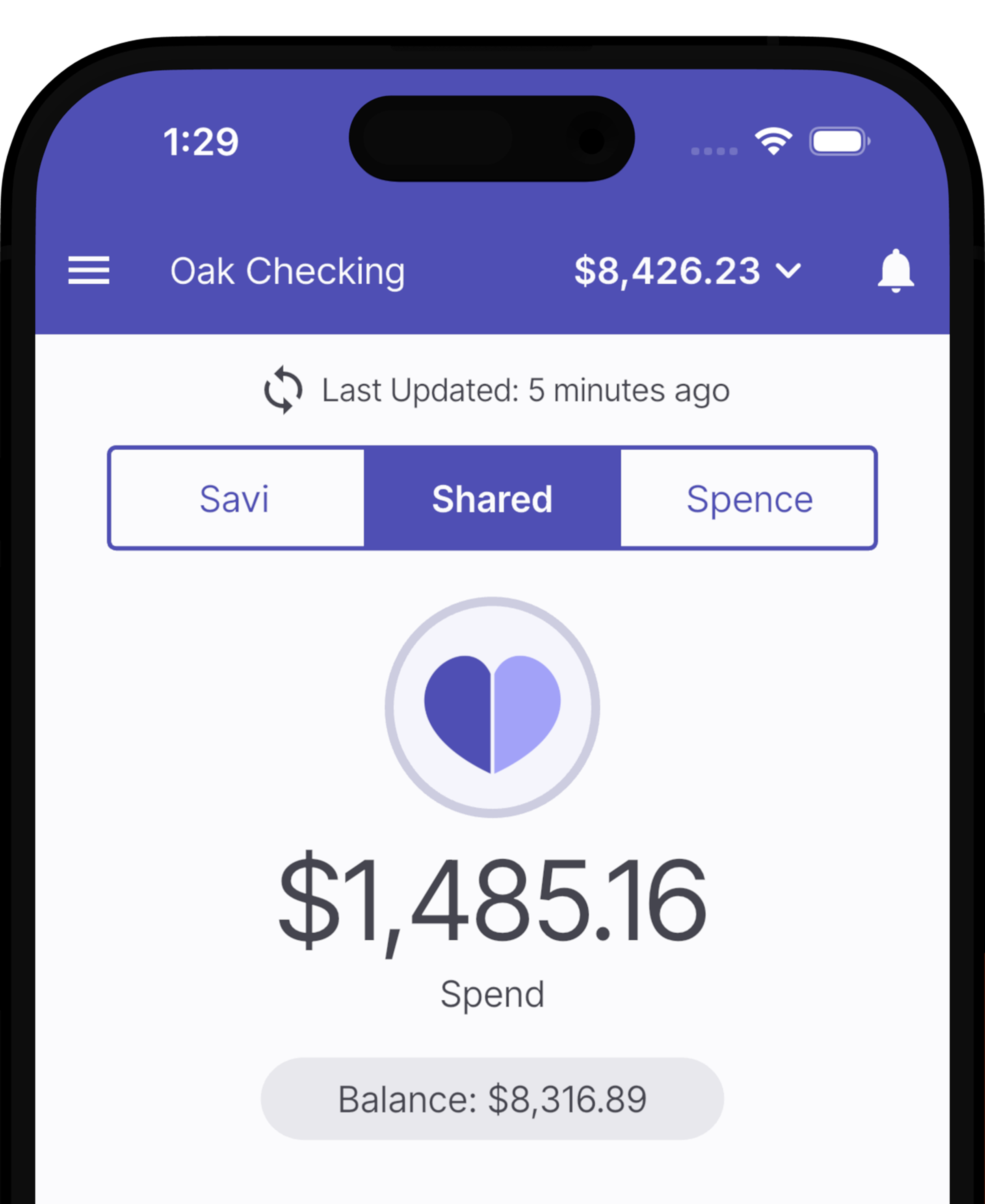 Mobile banking app screen showing account balance of $8,426.23, recent activity update, shared account tab selected, and a spending amount of $1,485.16 with a remaining balance of $8,316.89.