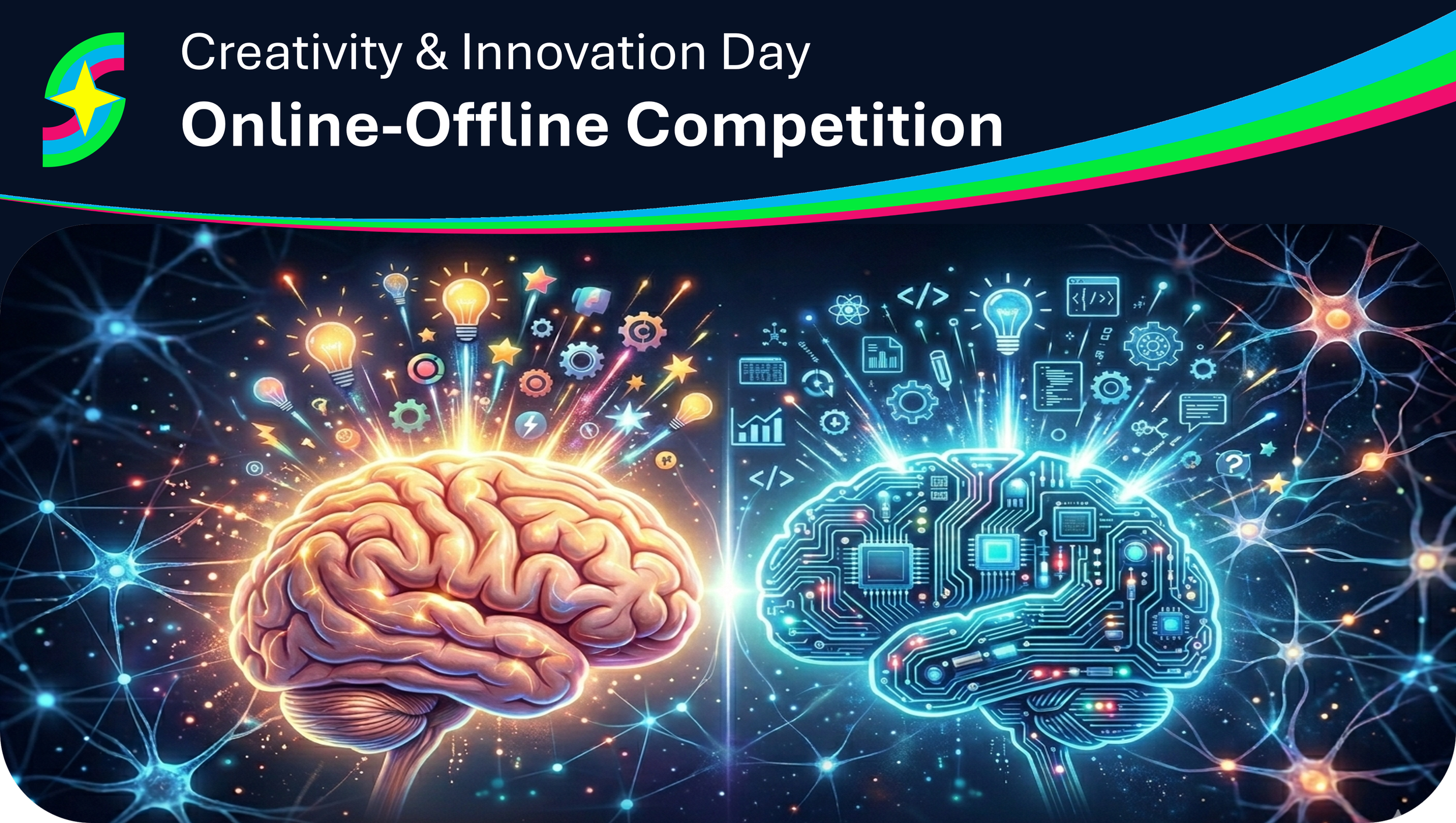 Skill Up and Shine logo and Ai training session name on the top. Below there is an illustration of two brains surrounded with idea symbols. One of the brains represents a human brain and the other represents a brain made of circuits