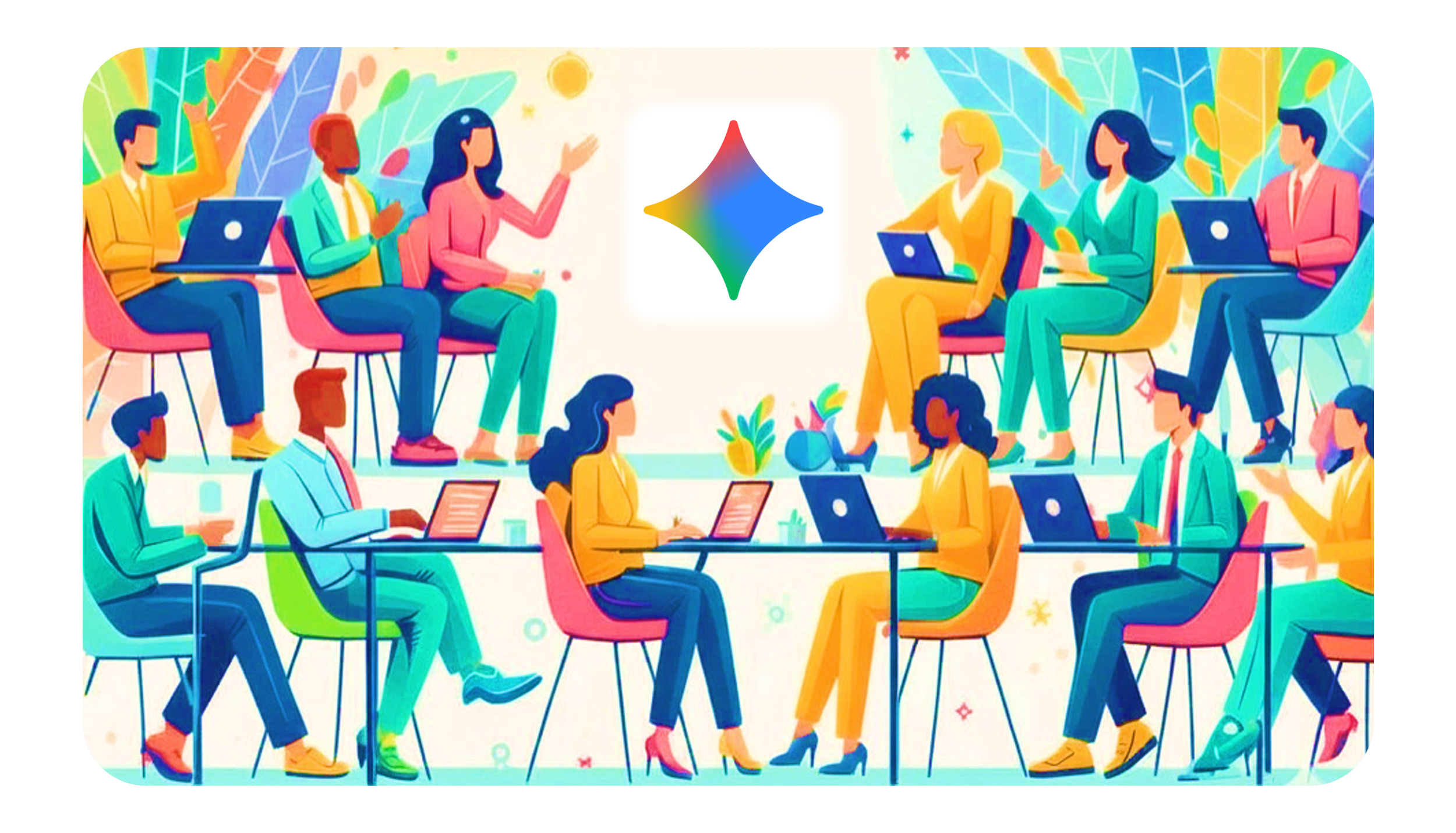 A group of professionals with their laptops participating in a workshop about Google Gemini