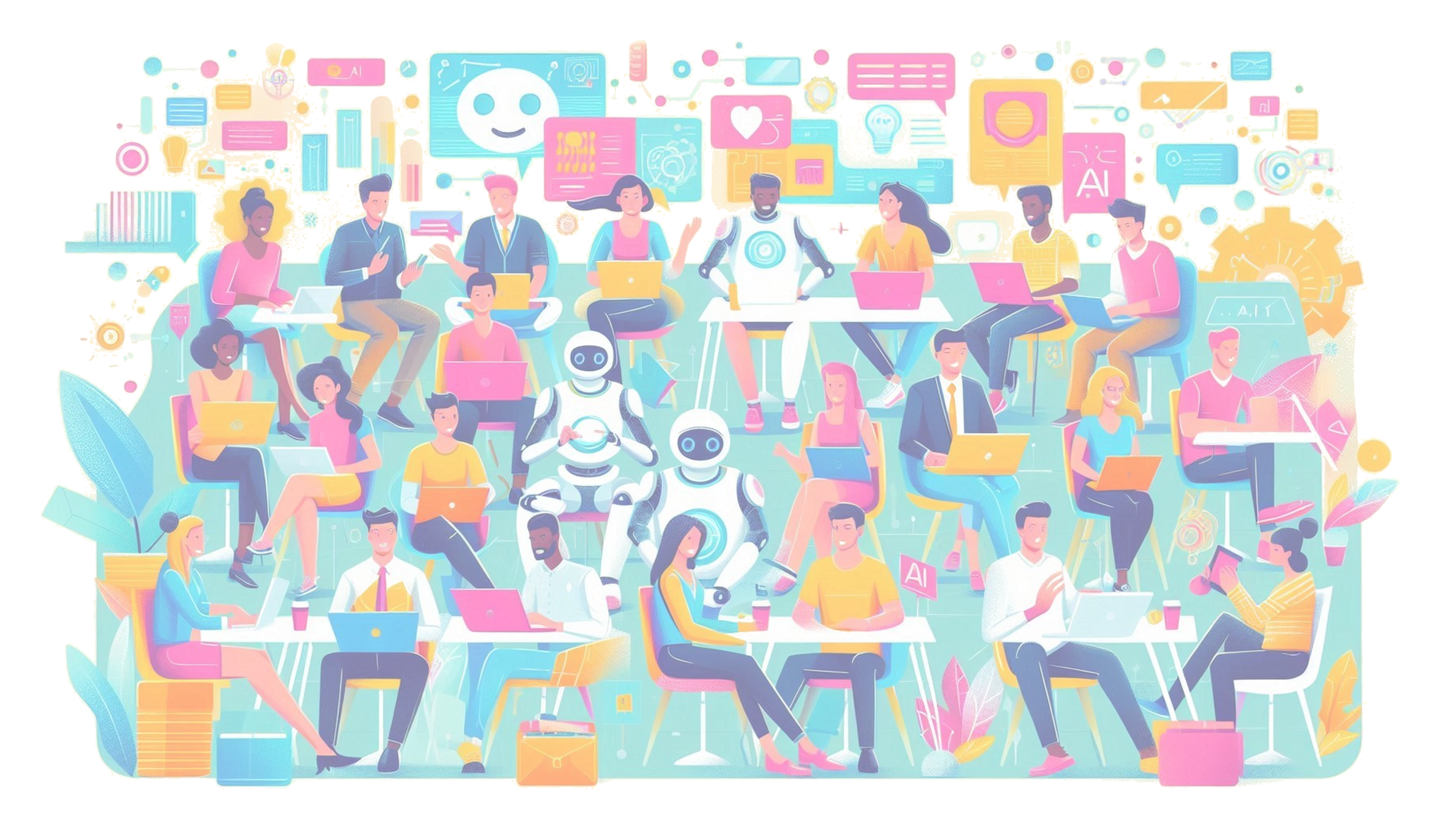 A group of entrepreneurs participating in a workshop working alongside with robots