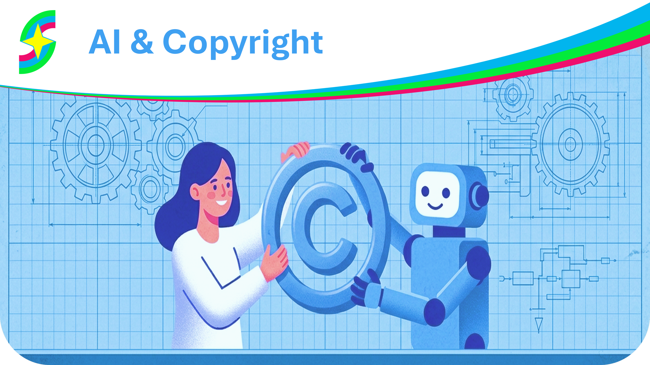 Skill Up and Shine Logo and AI training title on top. Below a simple style illustration of a person and a robot hold a copyright symbol.