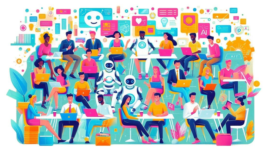 A groups of entrepreneurs participating in a workshop working alongside with robots