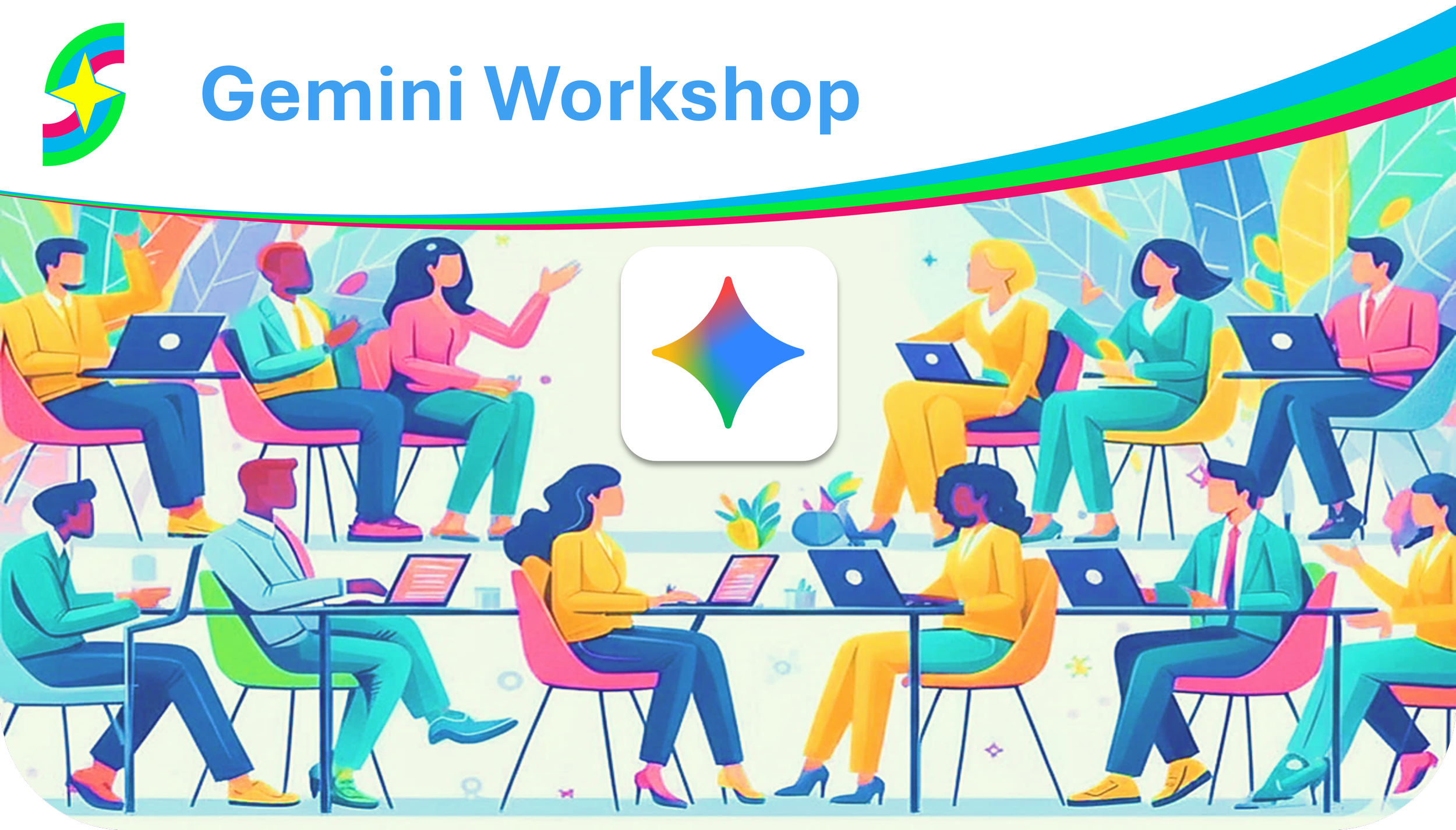 Skill Up and Shine hosting a workshop in Brisbane where professionals learn about Google Gemini AI. Simple style illustration.