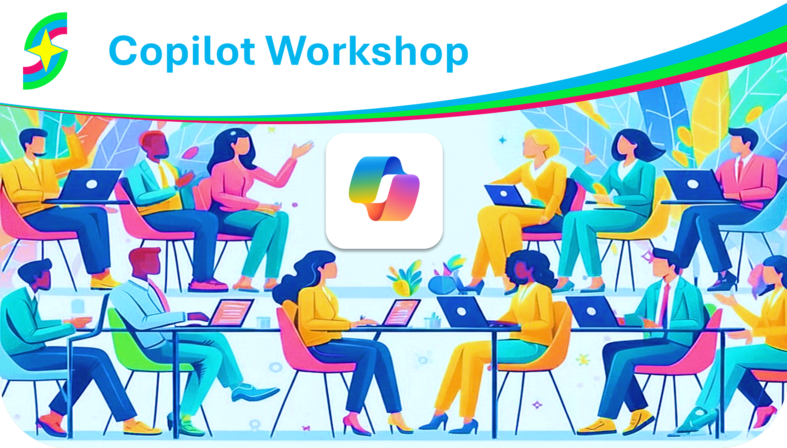 Skill Up and Shine hosting a workshop in Brisbane where professionals learn about Microsoft Copilot AI. Simple style illustration.