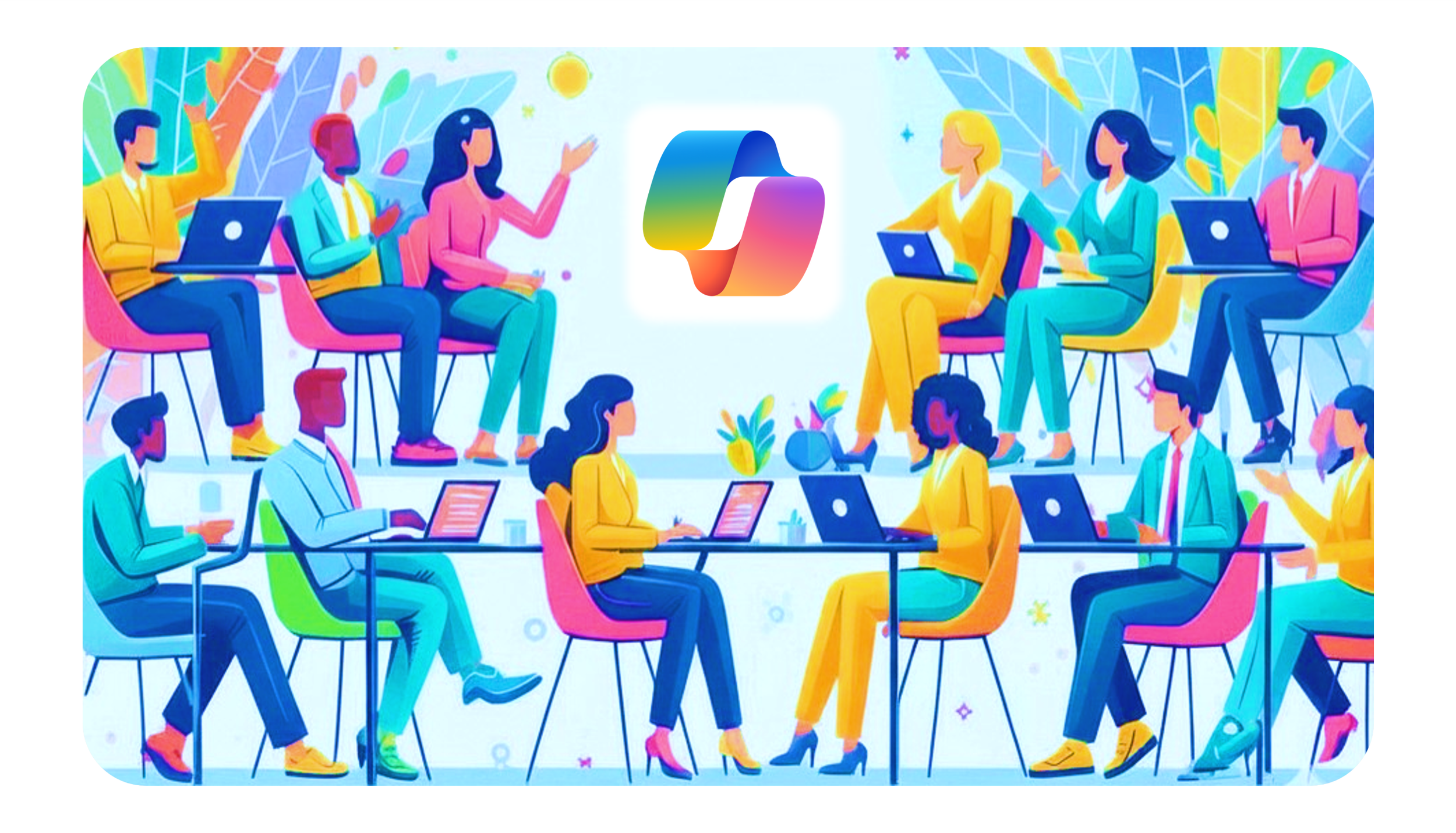 A group of professionals with their laptops participating in a workshop about Microsoft Copilot