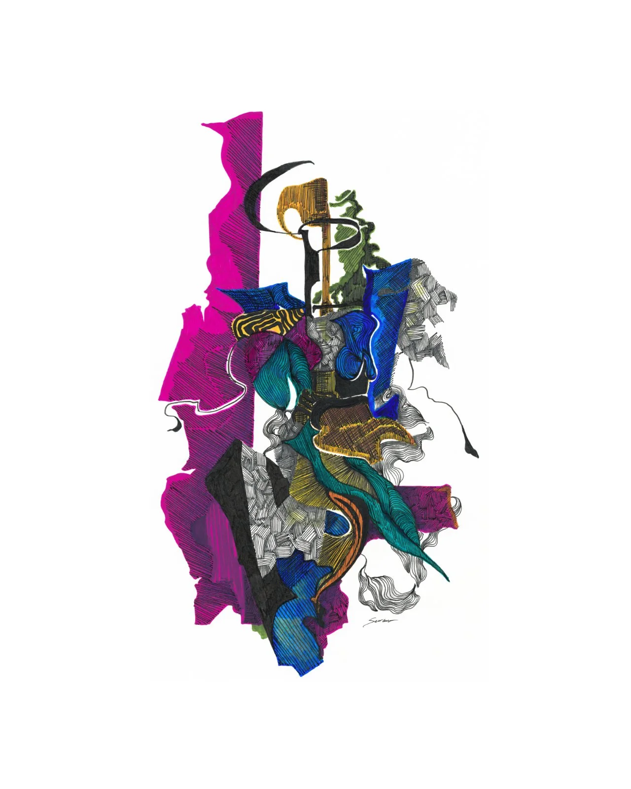 A mixed media drawing with an abstract quality resembling a seated figure looking to the side and has bright magenta, blue, blue green, and orange with line art blocks created in black ink.