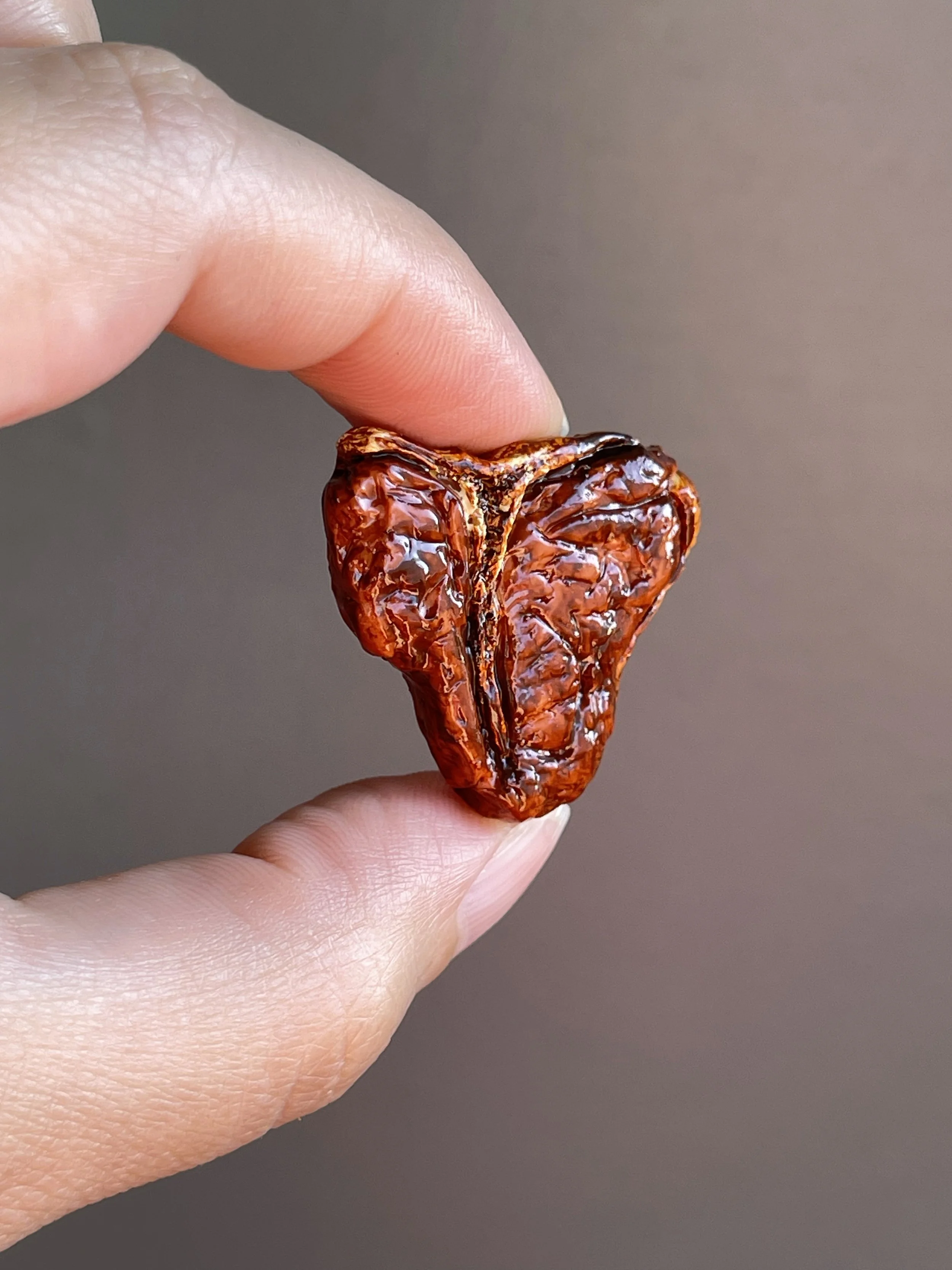 Fingers holding a realistic polymer clay t-bone steak magnet.