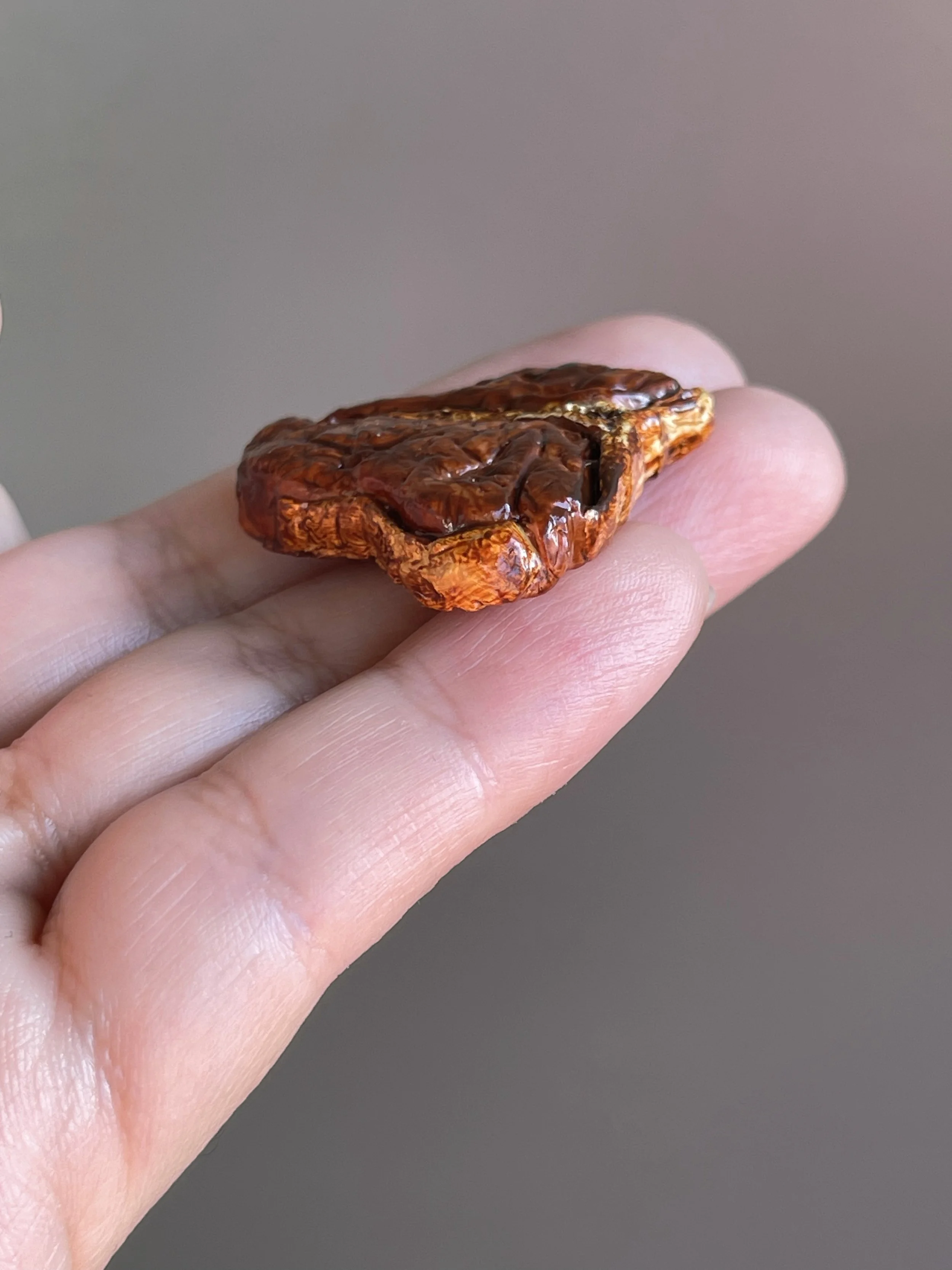 A hand holding a realistic polymer clay t-bone steak magnet.