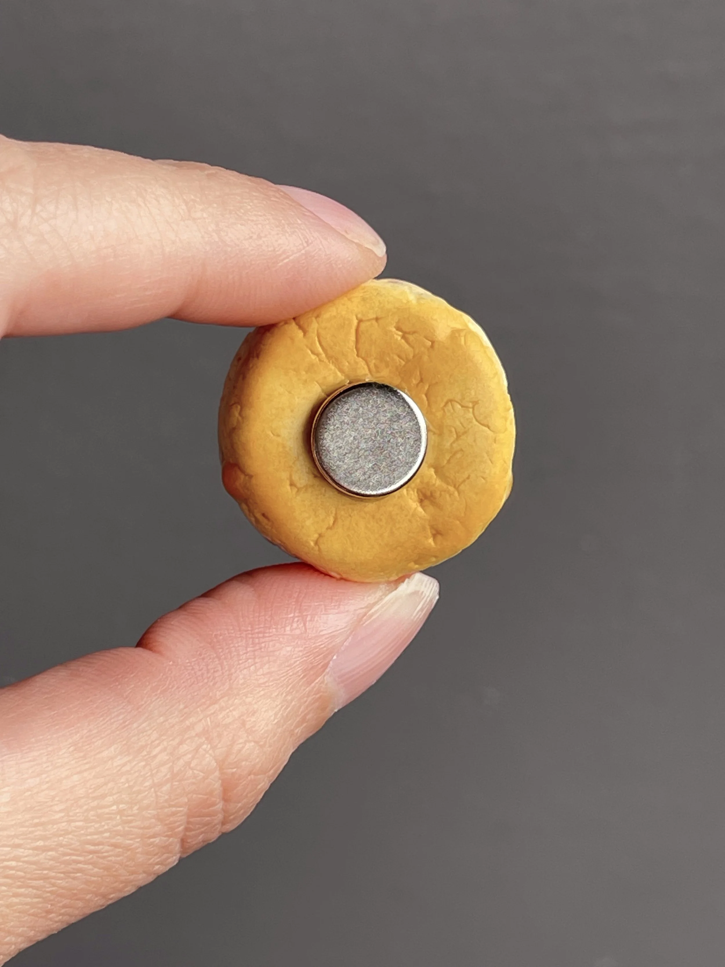 Fingers holding a polymer clay biscuit and honey magnet showing the back.