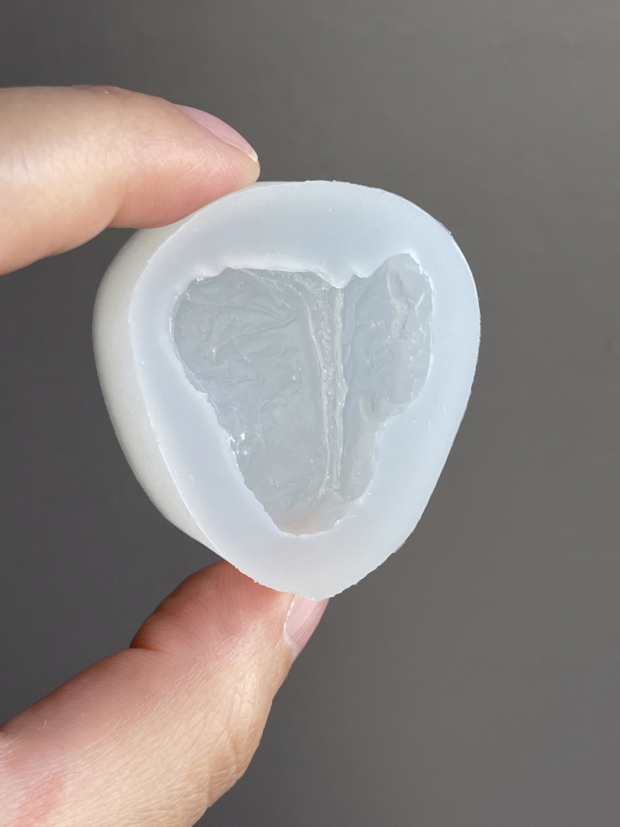 Fingers holding a t-bone steak clear silicone mold.